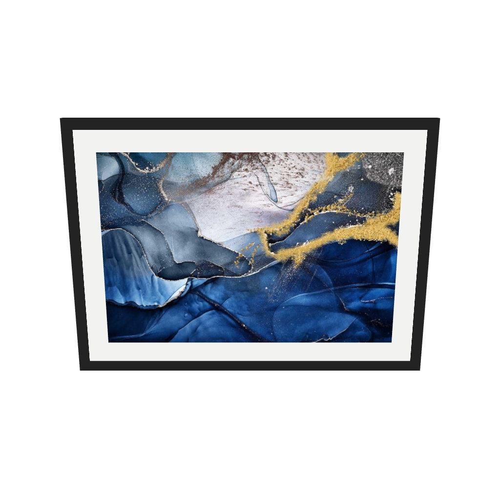 [ah-ar-v1:9ca01925c06c5dc2fed1fc5d] Blue Abstract Liquid Gold Art Print — 50 x 70 cm, black frame (AR scale)