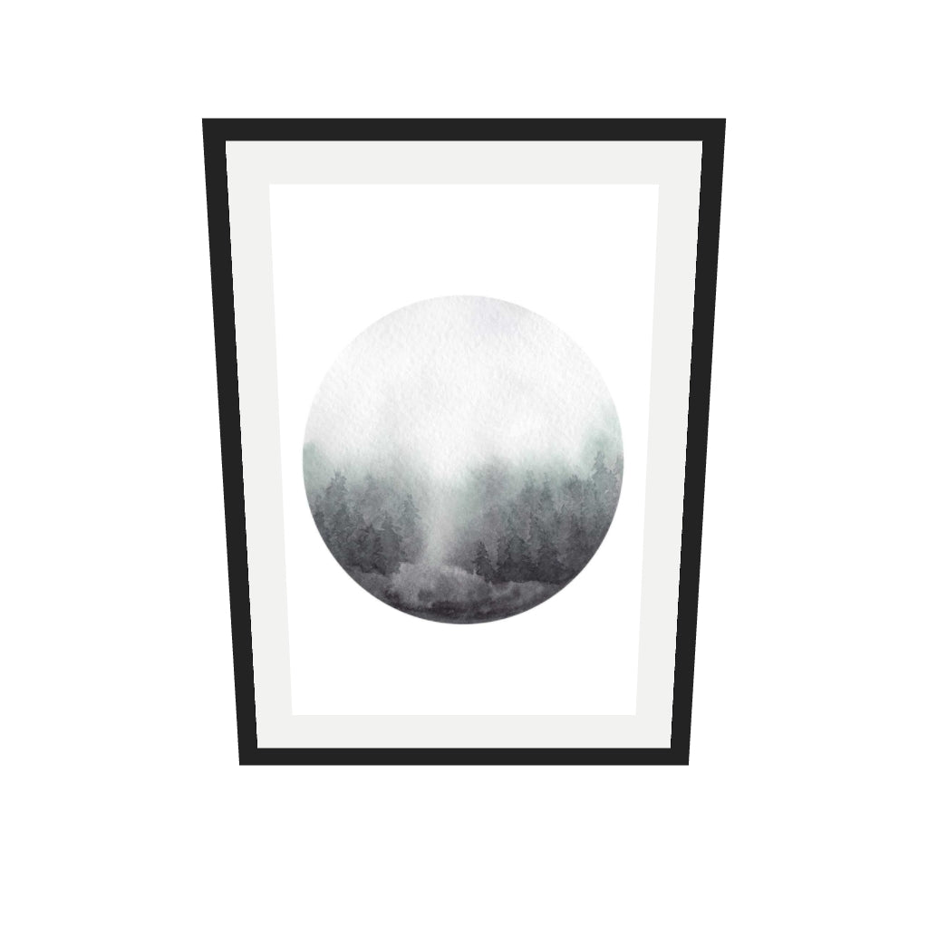 [ah-ar-v1:d2b22db736ecc9361e2fb320] Watercolour Forest At Dawn Art Print — 50 x 70 cm, black frame (AR scale)