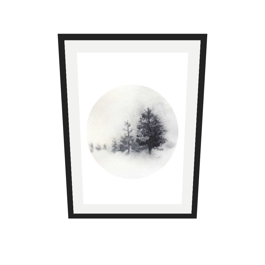 [ah-ar-v1:11e9ae850525ae210c05e339] Watercolour Forest In Winter Art Print — 50 x 70 cm, black frame (AR scale)