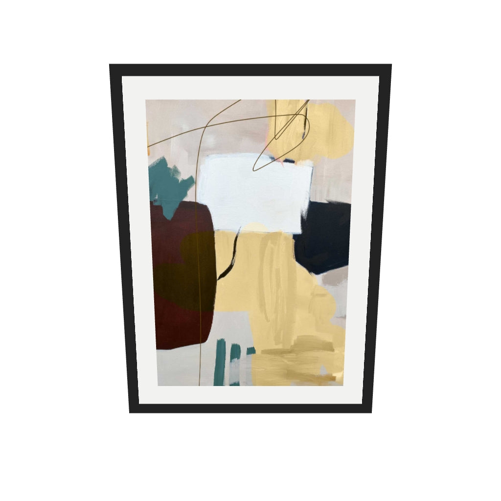 [ah-ar-v1:a56f7bb29cc7ef0447f1e9f2] Abstract Ochre Shapes Art Print — 50 x 70 cm, black frame (AR scale)