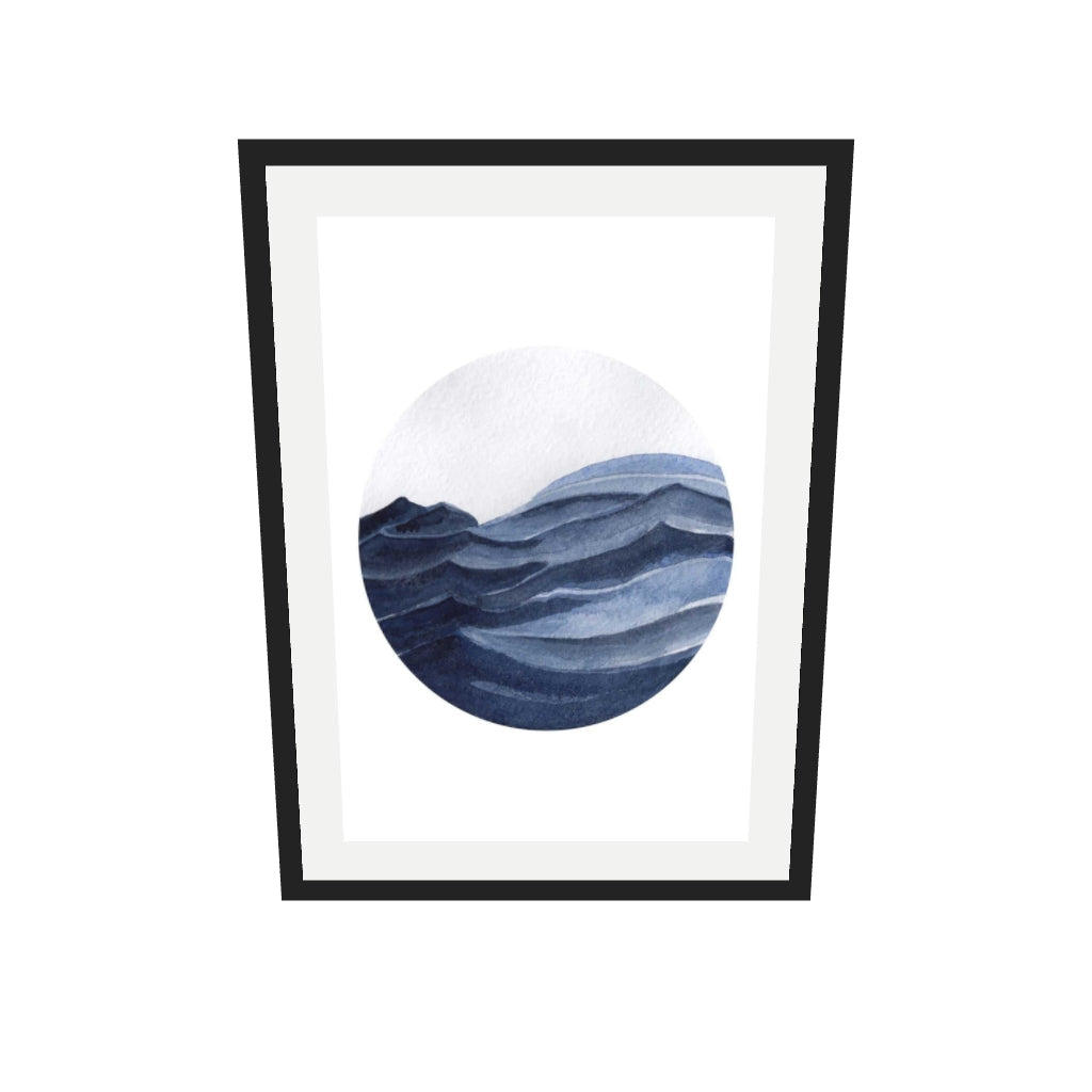 [ah-ar-v1:244045973b040199a3b9f7bf] Watercolour Blue Seascape Art Print — 50 x 70 cm, black frame (AR scale)