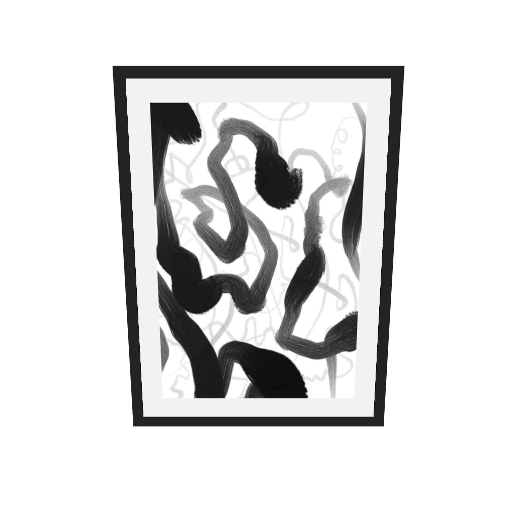 [ah-ar-v1:b61a304b2cf191ee974e4c2c] Black And White Brush Strokes Art Print — 50 x 70 cm, black frame (AR scale)