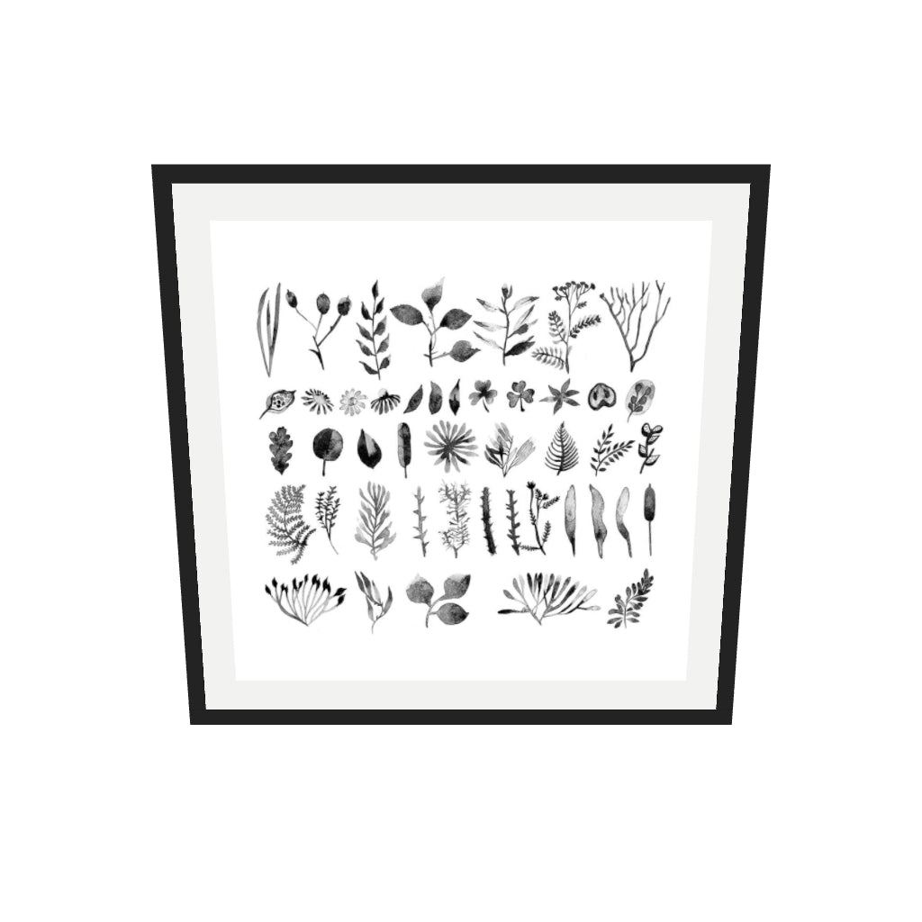 [ah-ar-v1:5276a4991ee63b3bafa7dadb] Black And White Watercolour Leaves Art Print — 70 x 70 cm, black frame (AR scale)