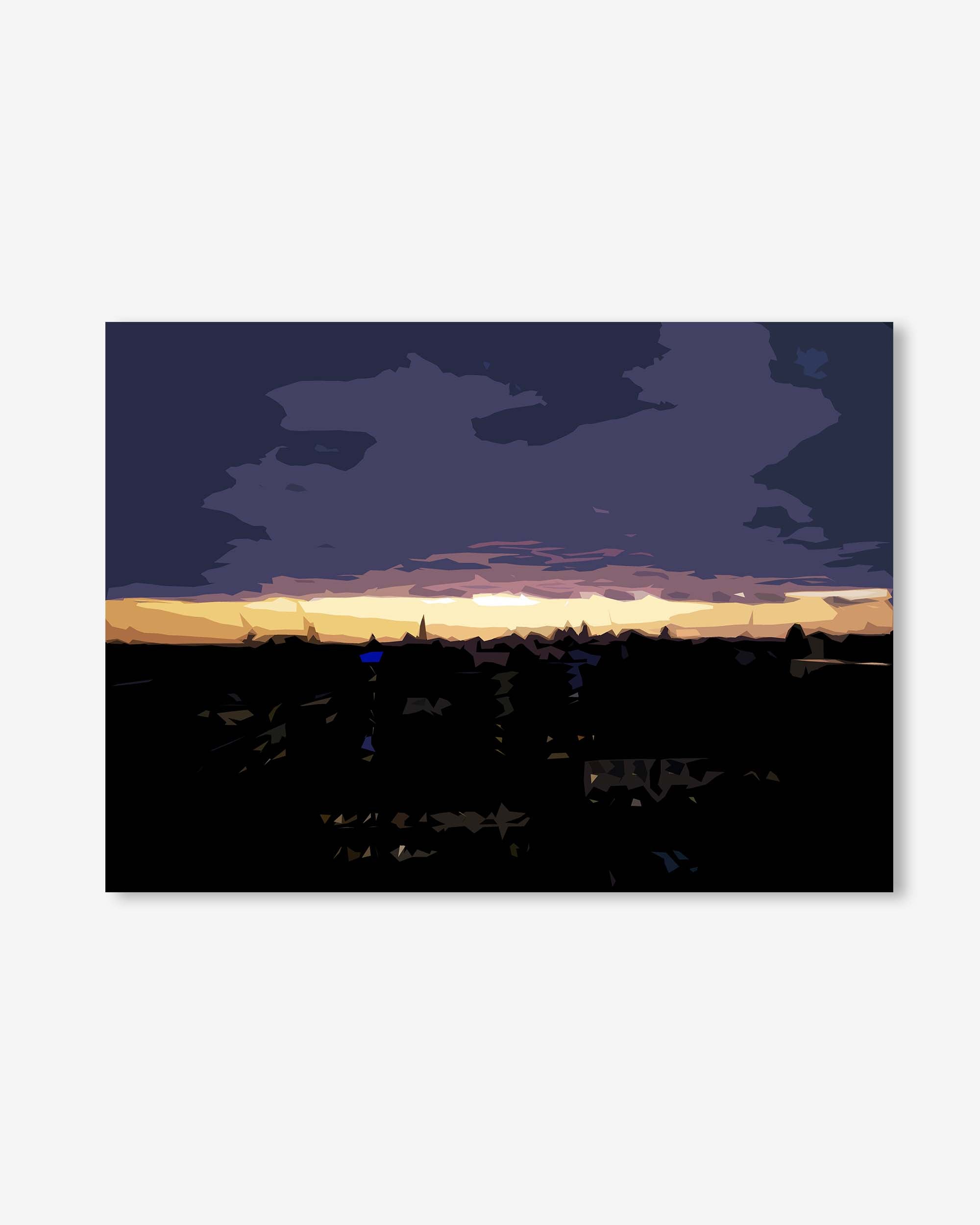 Cityscape at sunset with dark clouds and illuminated buildings.
