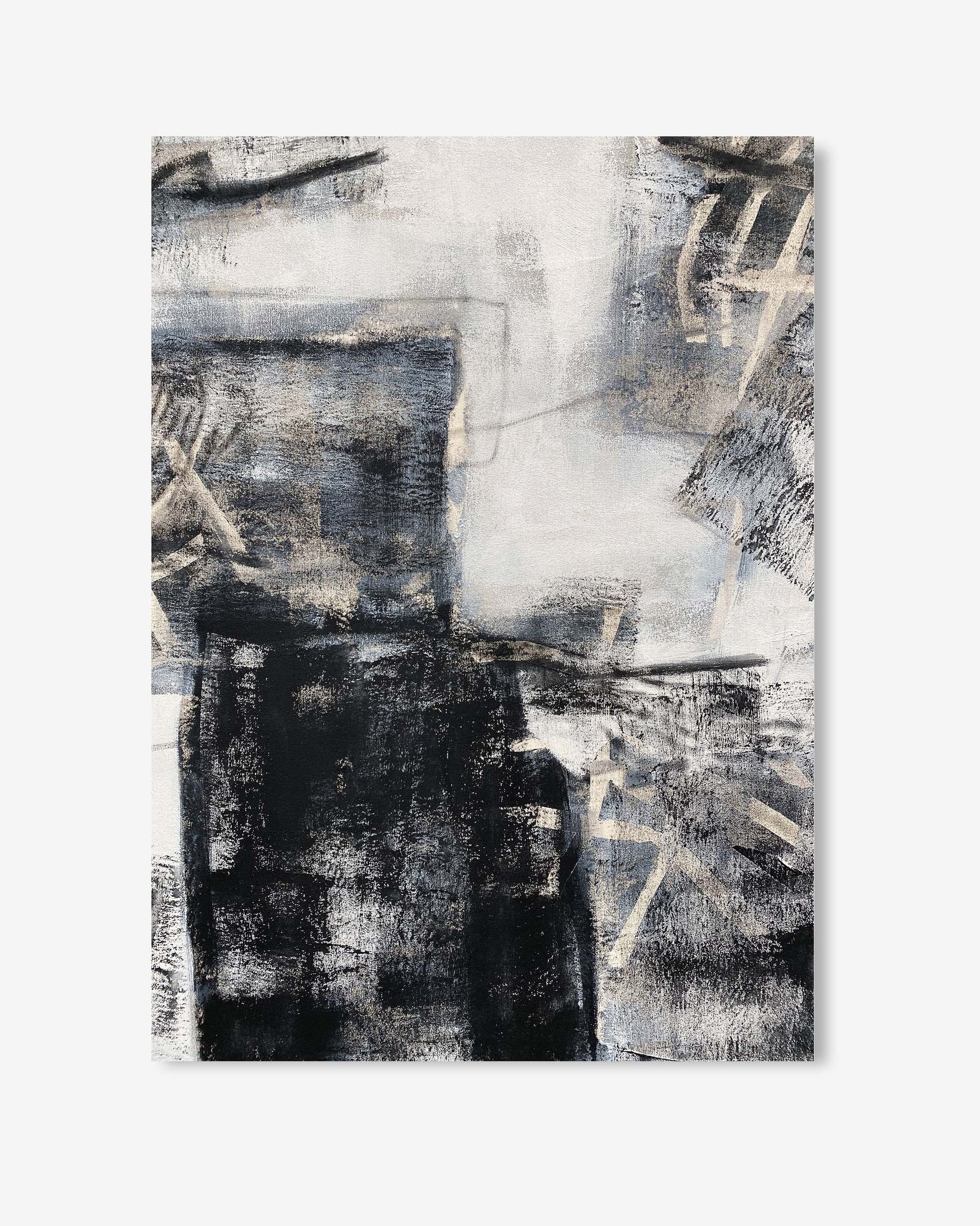 Abstract art piece with black, white, and gray colors on a white background