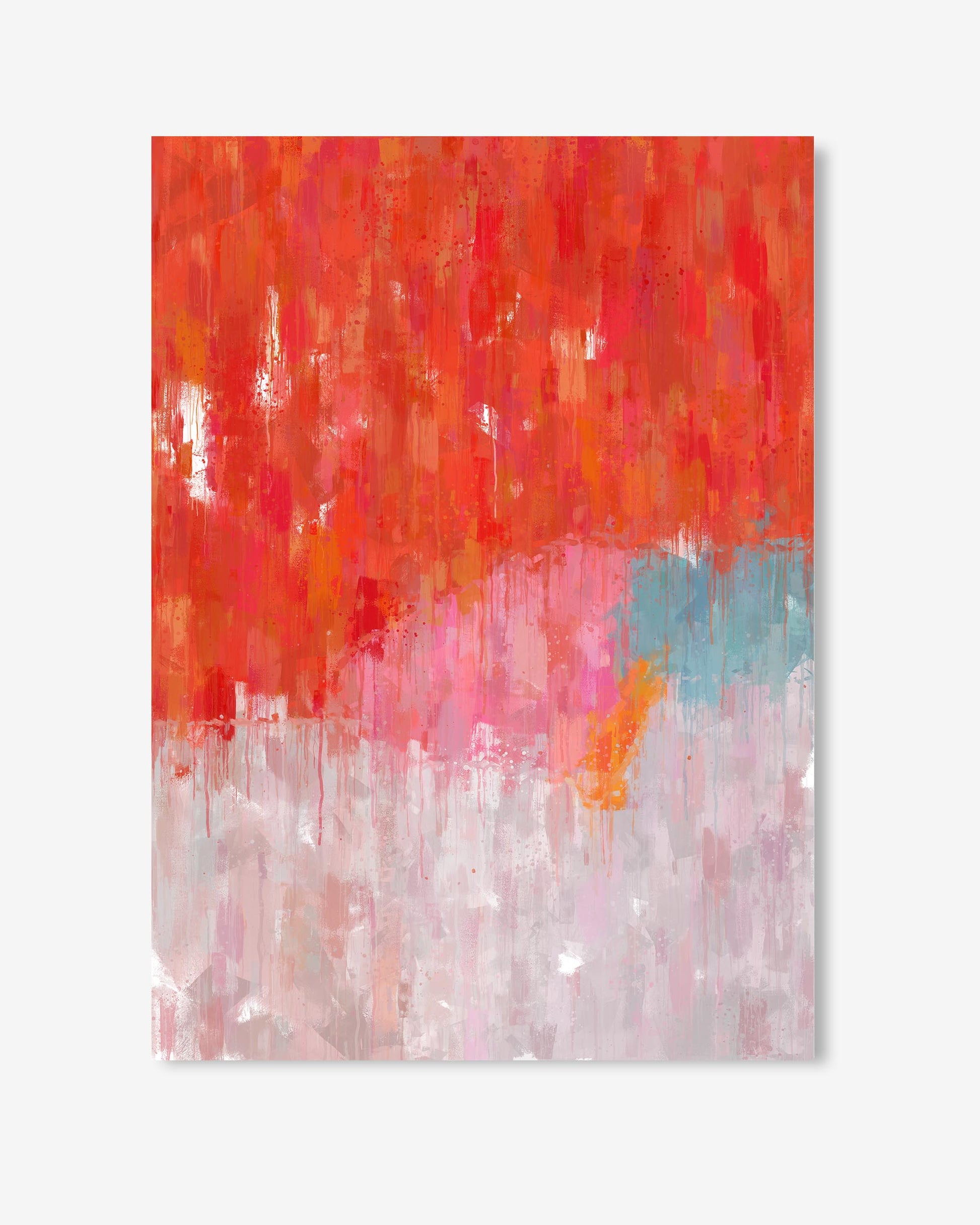 Abstract art print with red, pink, and white colors on a light gray background