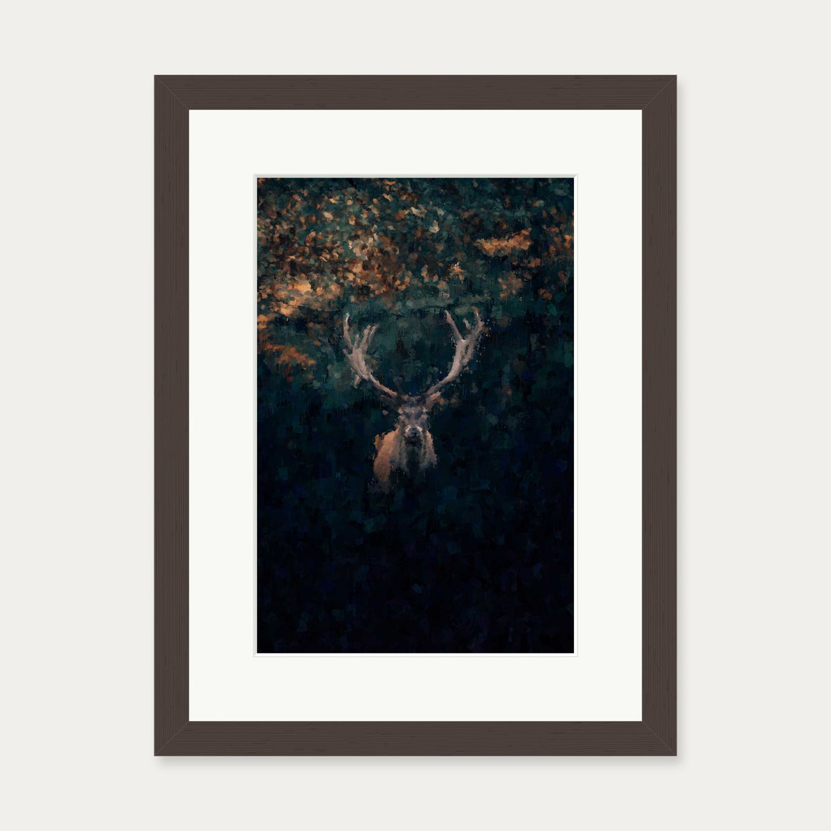 Red Deer Stag In Winter Art Print — 30 x 40 cm — Brown Frame