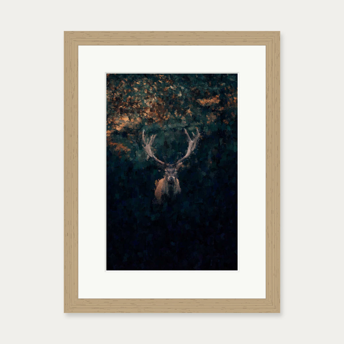 Red Deer Stag In Winter Art Print — 30 x 40 cm — Oak Frame