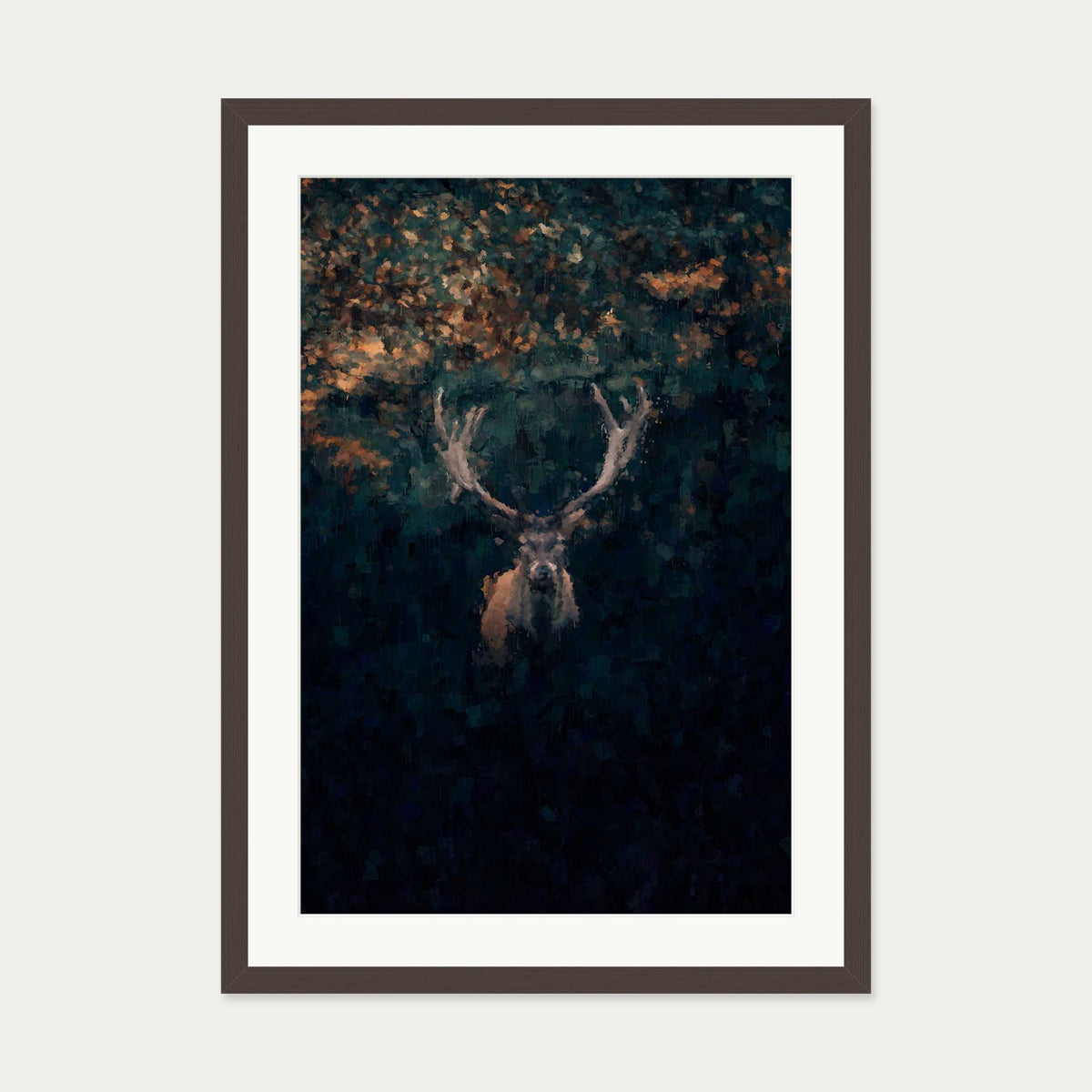 Red Deer Stag In Winter Art Print — 50 x 70 cm — Brown Frame
