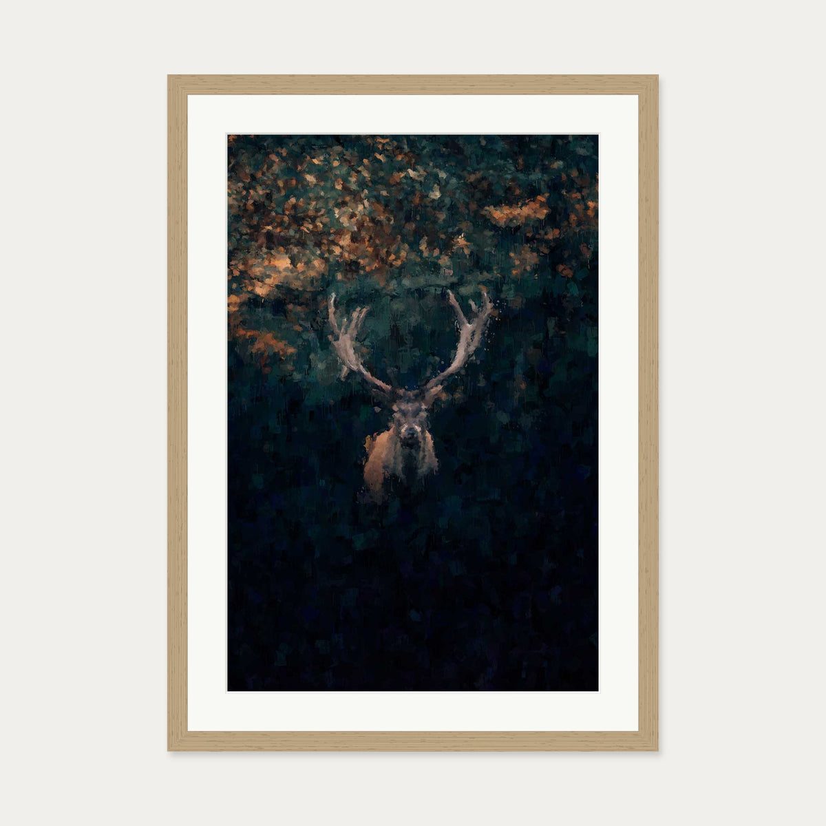 Red Deer Stag In Winter Art Print — 50 x 70 cm — Oak Frame
