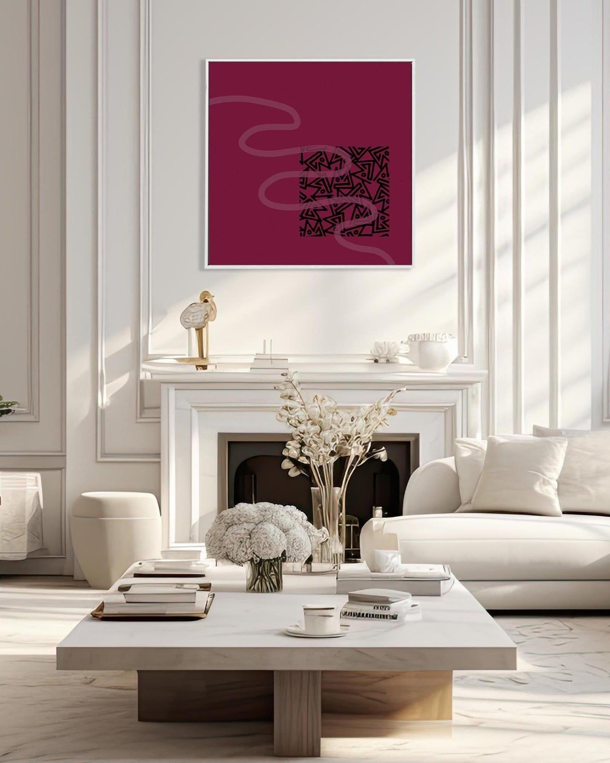 Modern living room with white furniture, a fireplace, and a pink abstract painting.