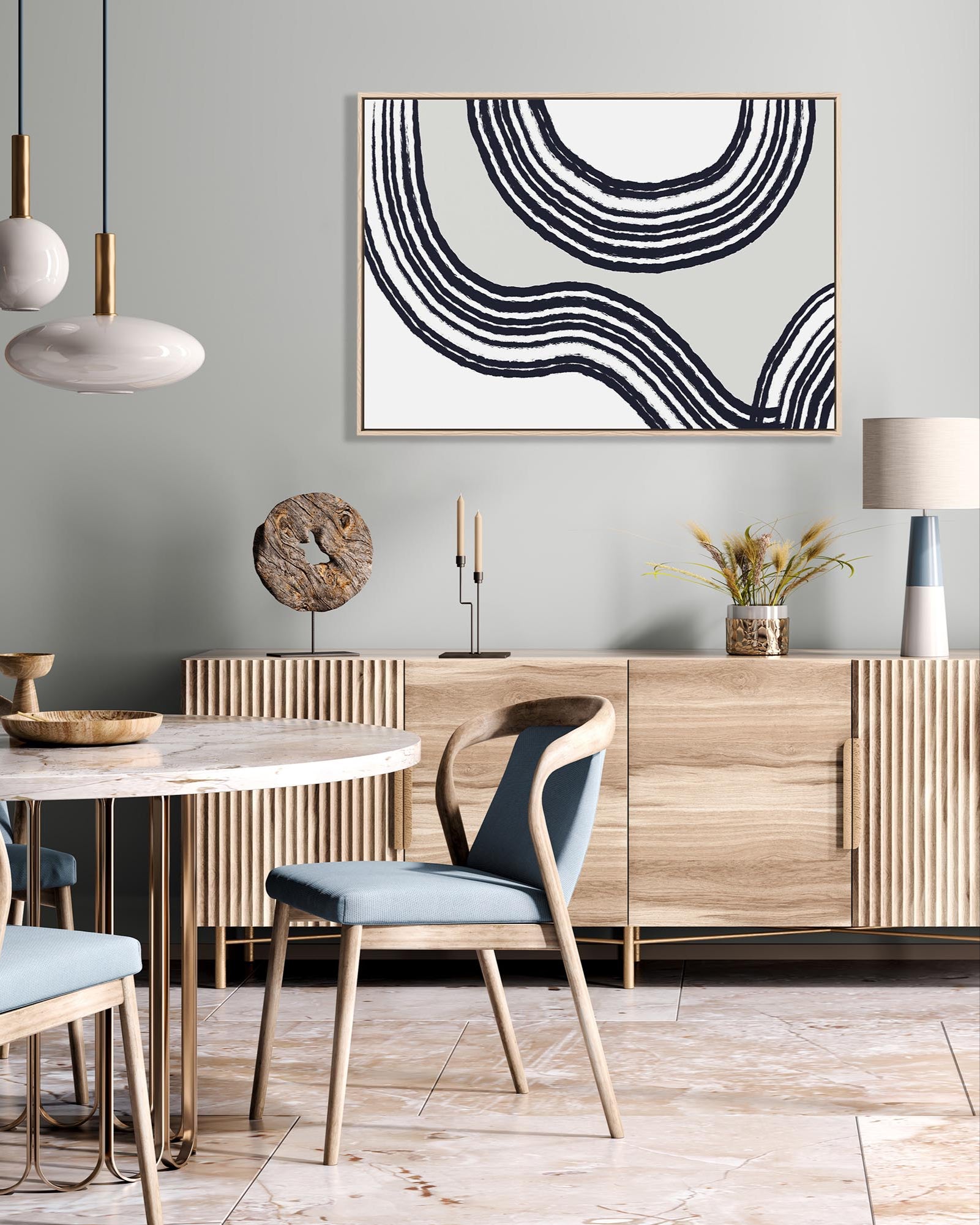 Modern dining room with wooden table, chairs, and abstract art on the wall.