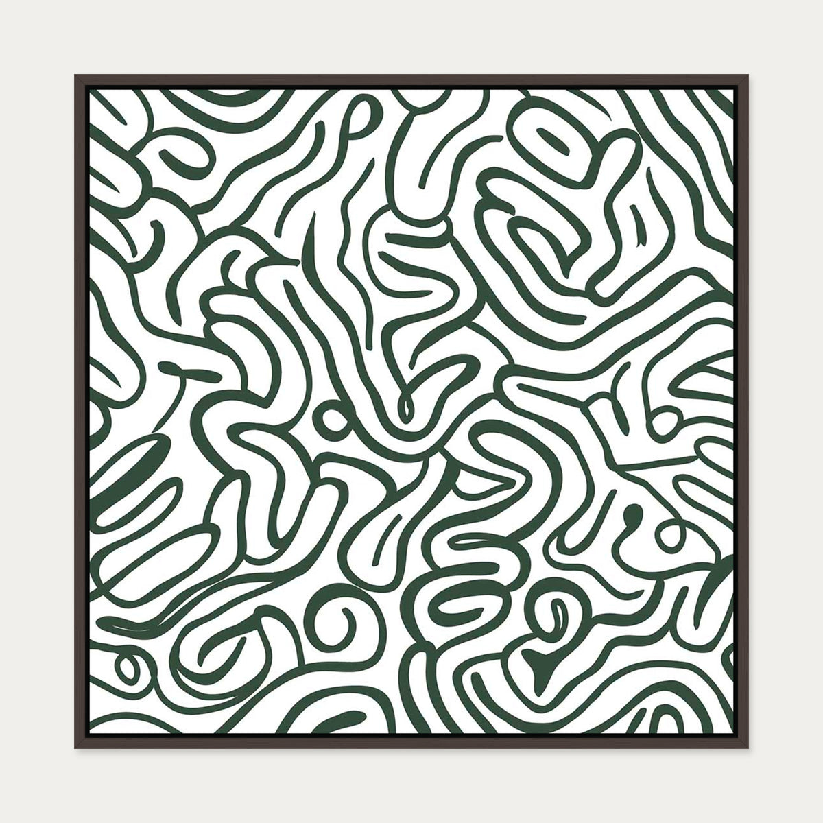 Retro Green Curves Canvas Art — 70 x 70 cm — Brown Frame