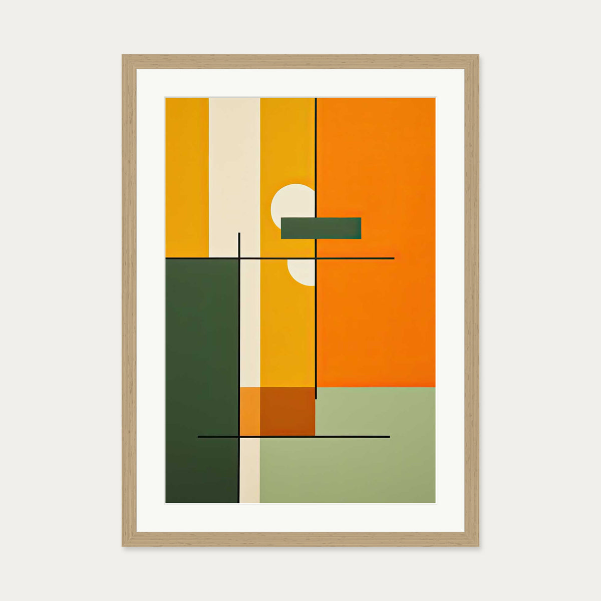 Retro Sage Abstract Art Print — 50 x 70 cm — Oak Frame