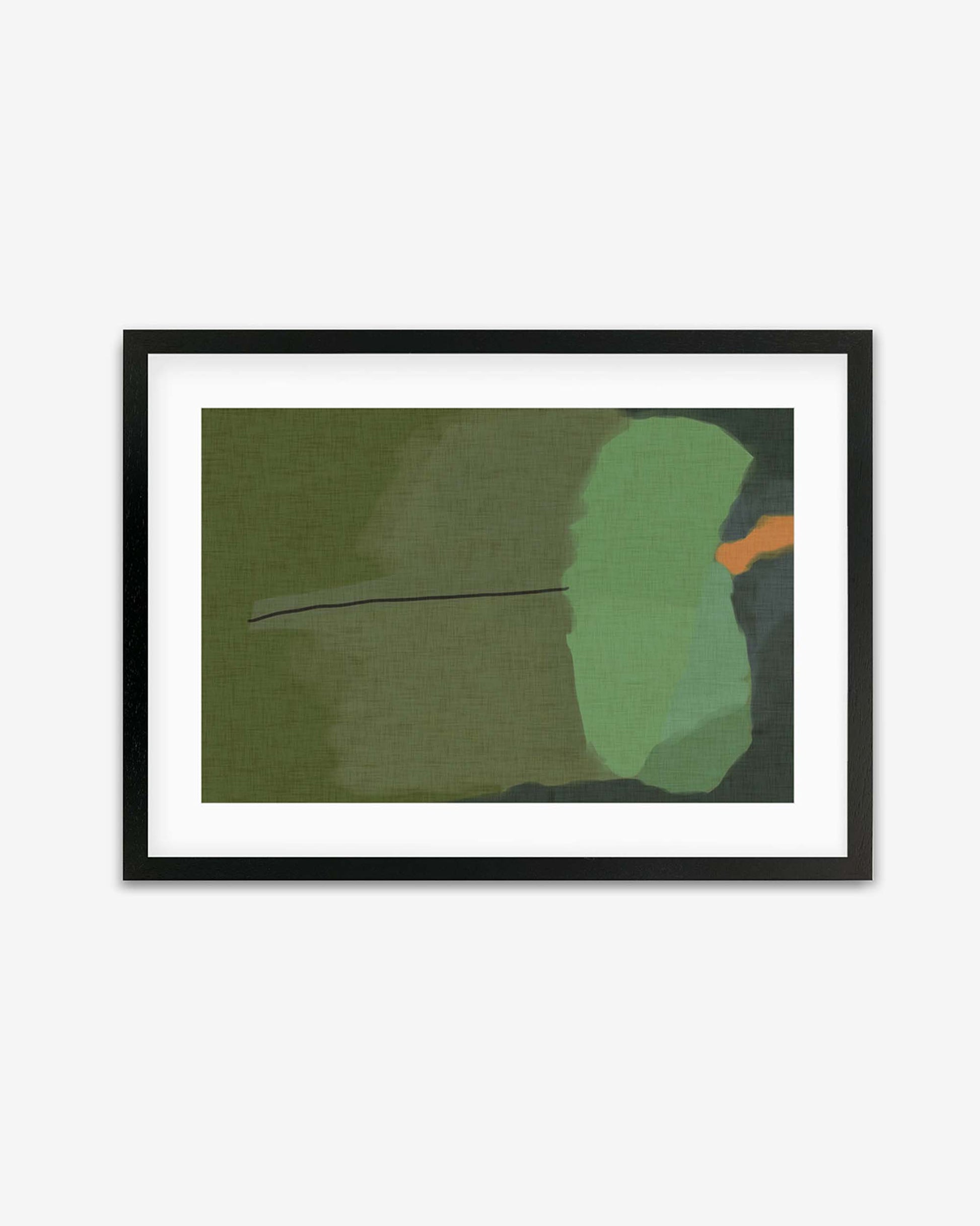 Framed abstract green artwork with a hint of orange, displayed against a white background.
