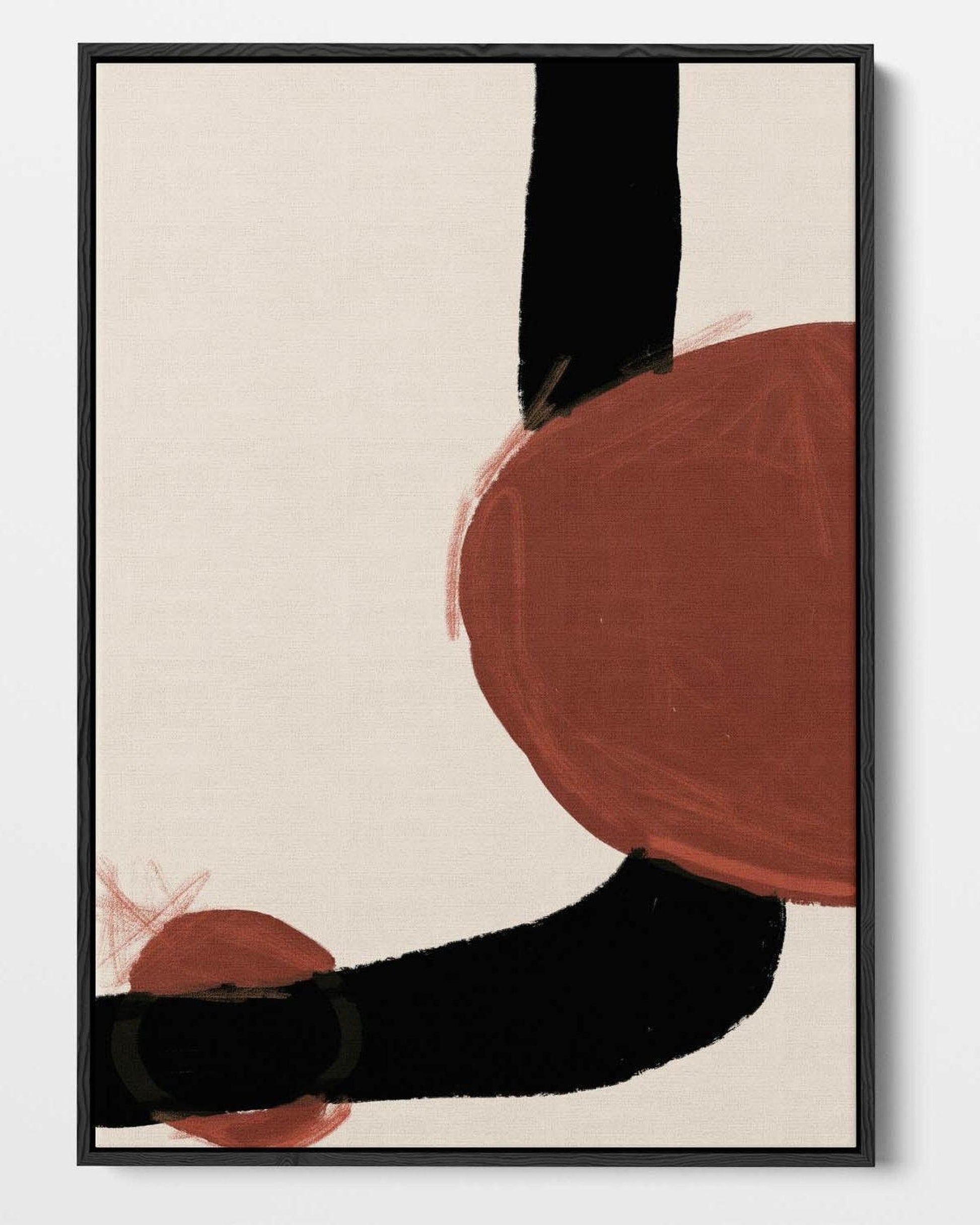 Abstract art print with black, red, and beige shapes on a beige background