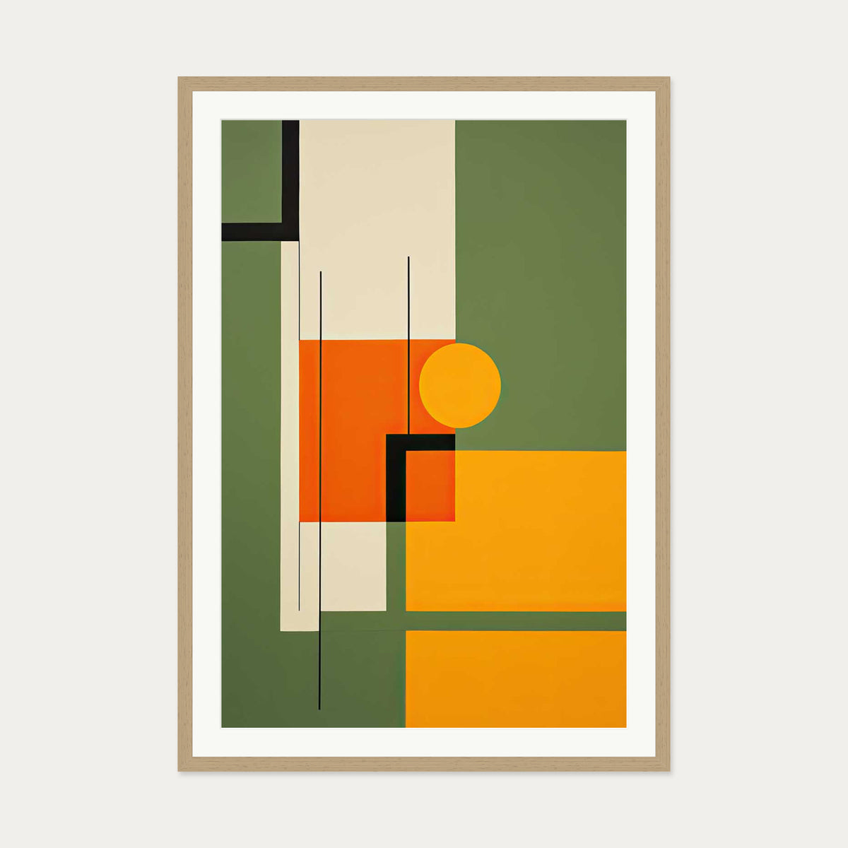 Sage On Orange Abstract Art Print — 70 x 100 cm — Oak Frame