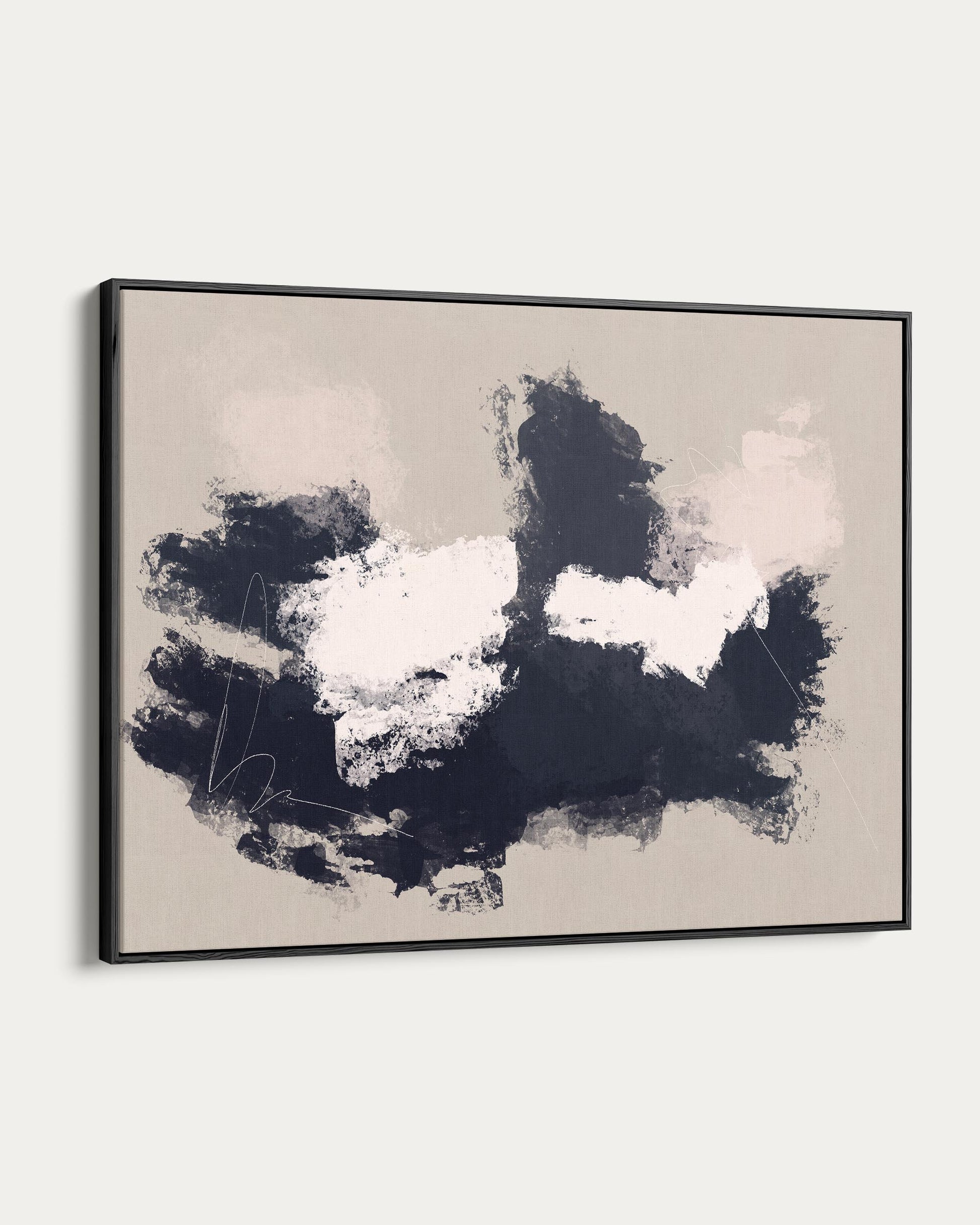Abstract art piece with black and white colors on a beige background