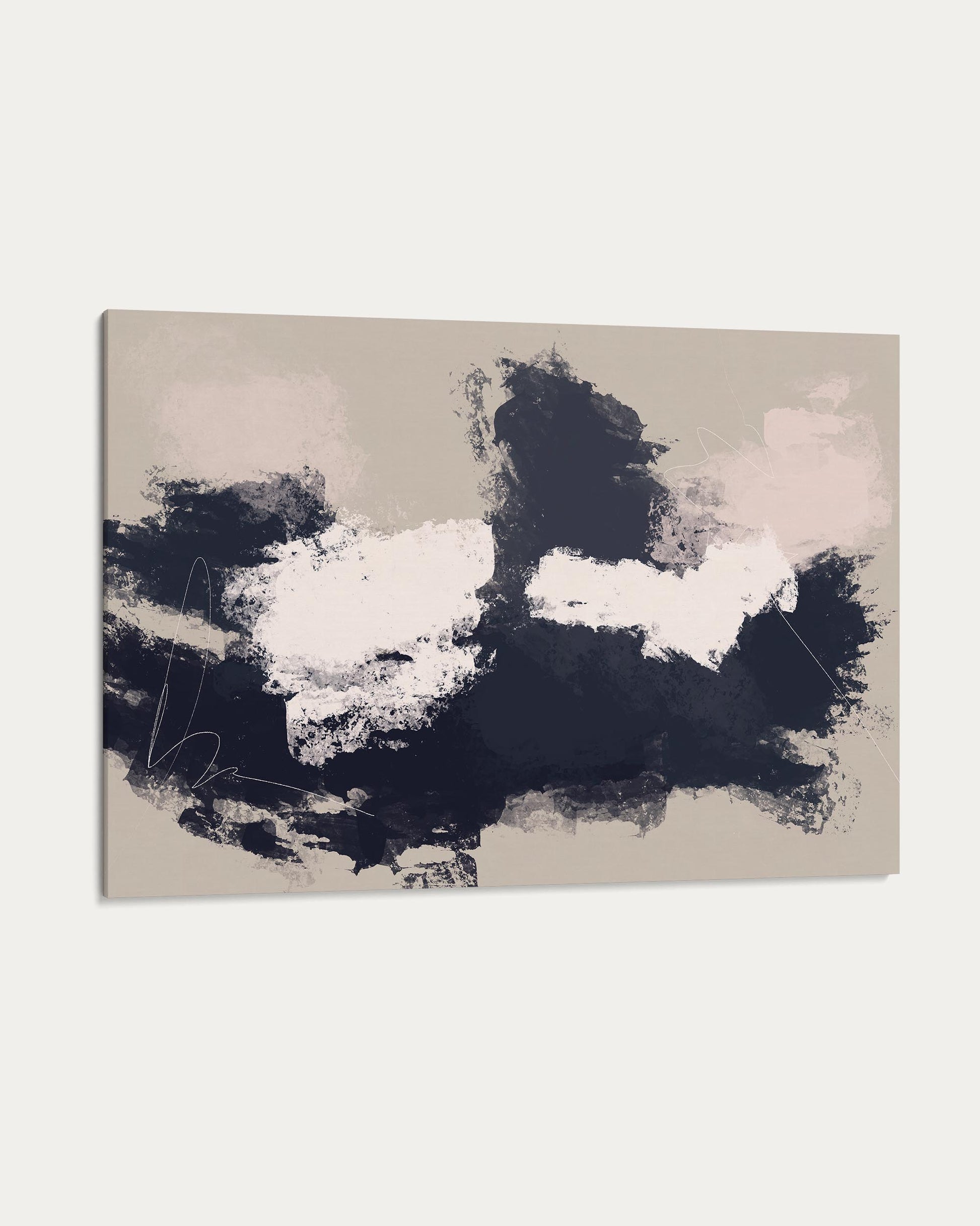 Abstract art piece with black and white brush strokes on a beige background