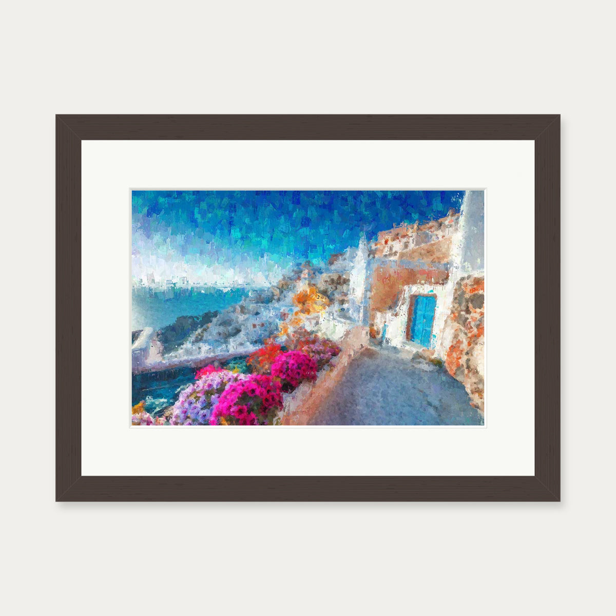 Santorini View Over The Bay Art Print — 30 x 40 cm — Brown Frame