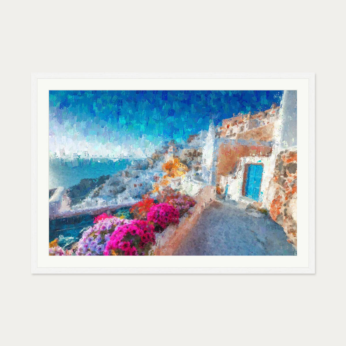 Santorini View Over The Bay Art Print — 70 x 100 cm — White Frame
