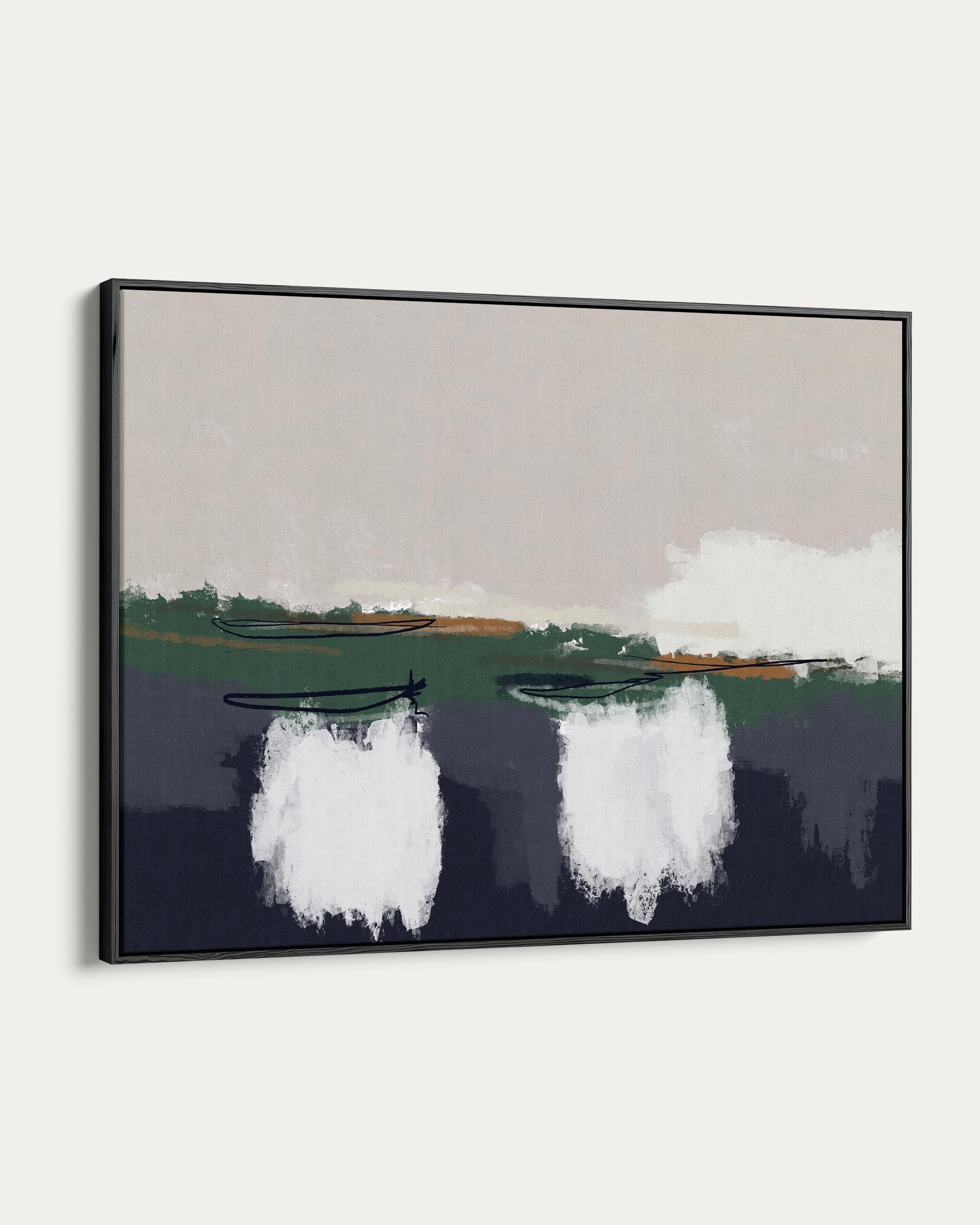 Framed artwork of a landscape with a boat and reflection on water.