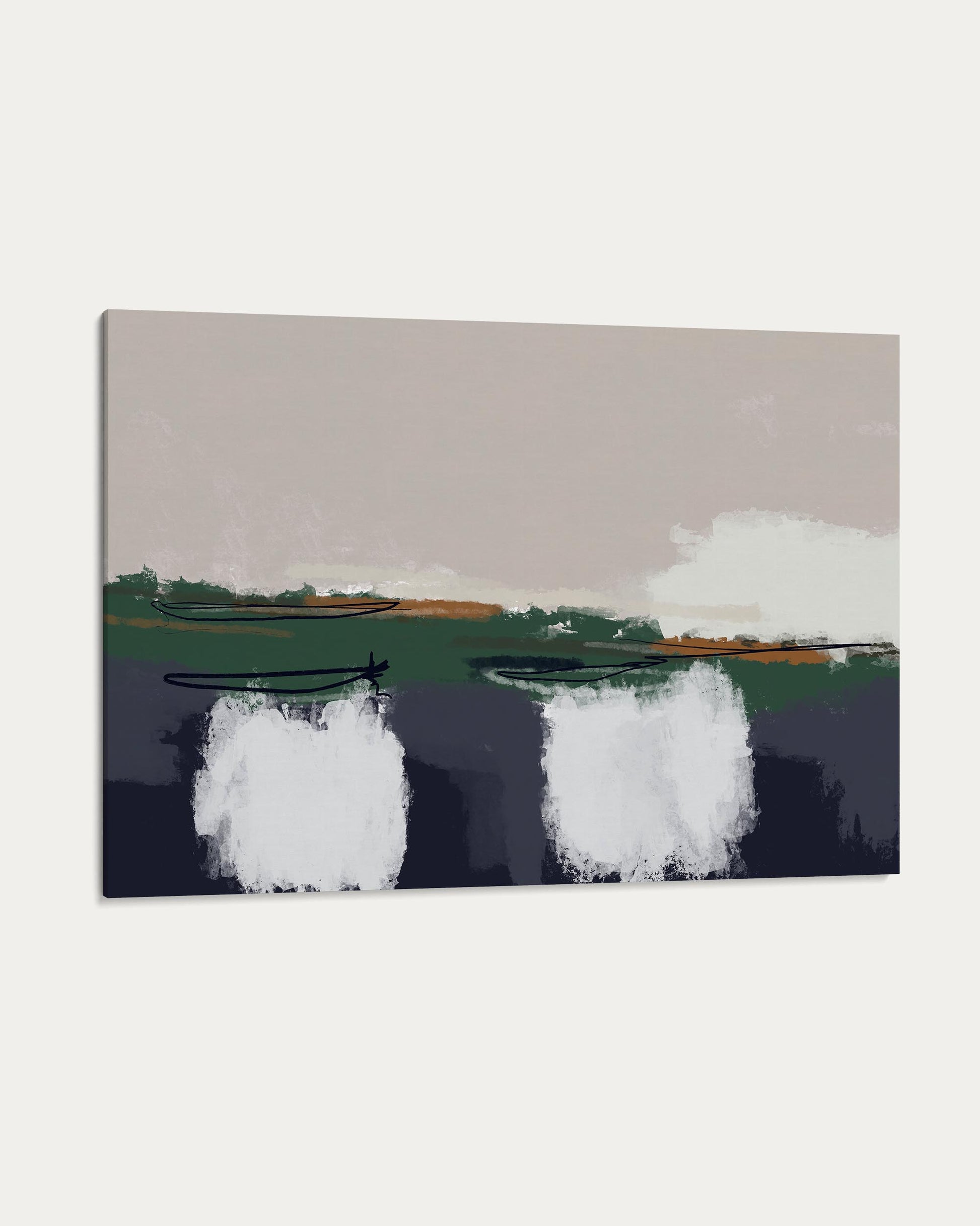 Abstract artwork with white shapes on a gray background