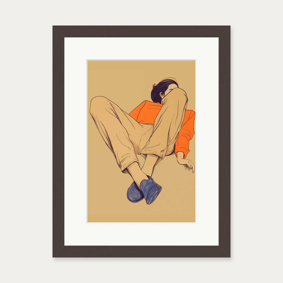 Seated Poise Figurative Art Print — 30 x 40 cm — Brown Frame