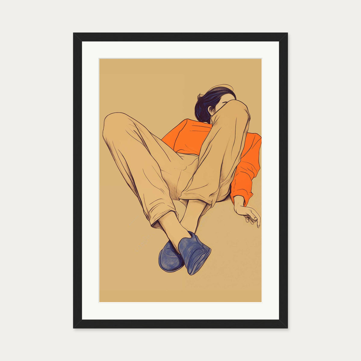 Seated Poise Figurative Art Print — 50 x 70 cm — Black Frame