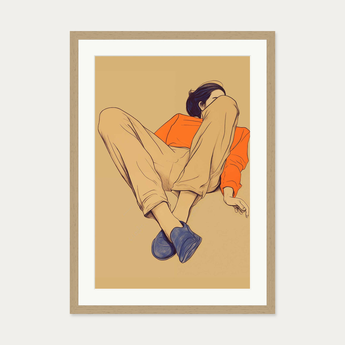 Seated Poise Figurative Art Print — 50 x 70 cm — Oak Frame