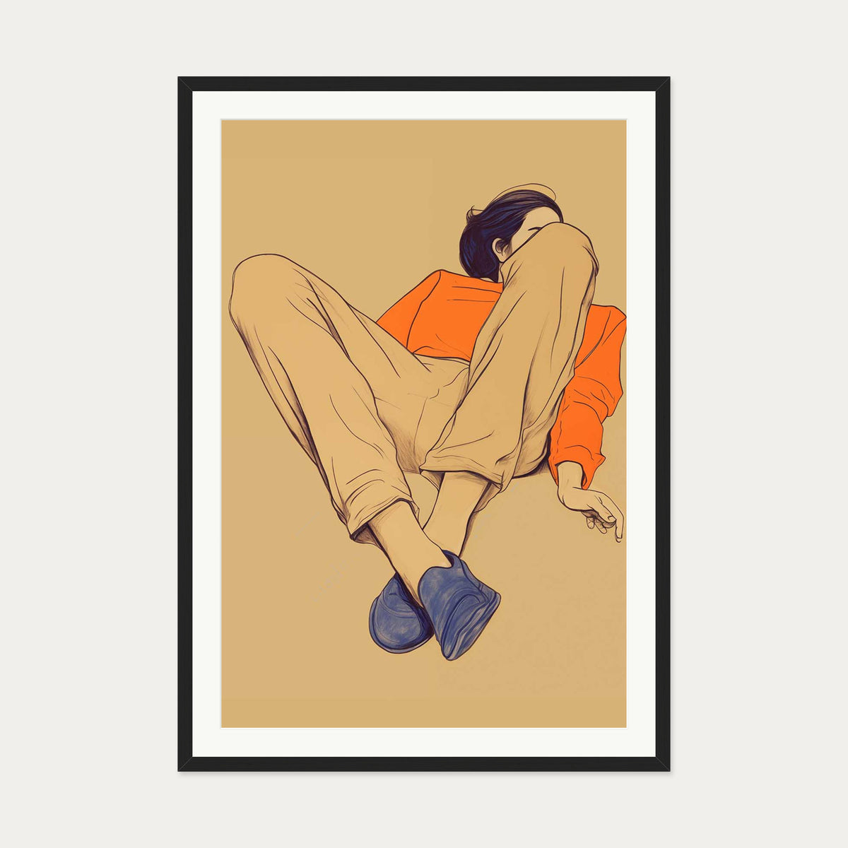 Seated Poise Figurative Art Print — 70 x 100 cm — Black Frame
