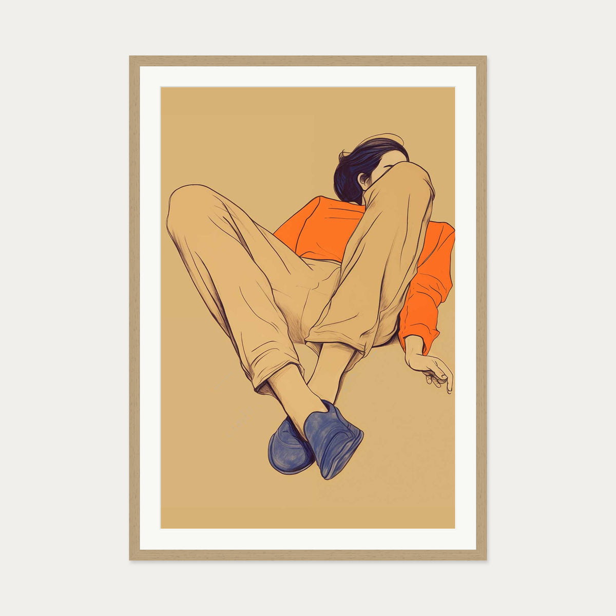 Seated Poise Figurative Art Print — 70 x 100 cm — Oak Frame