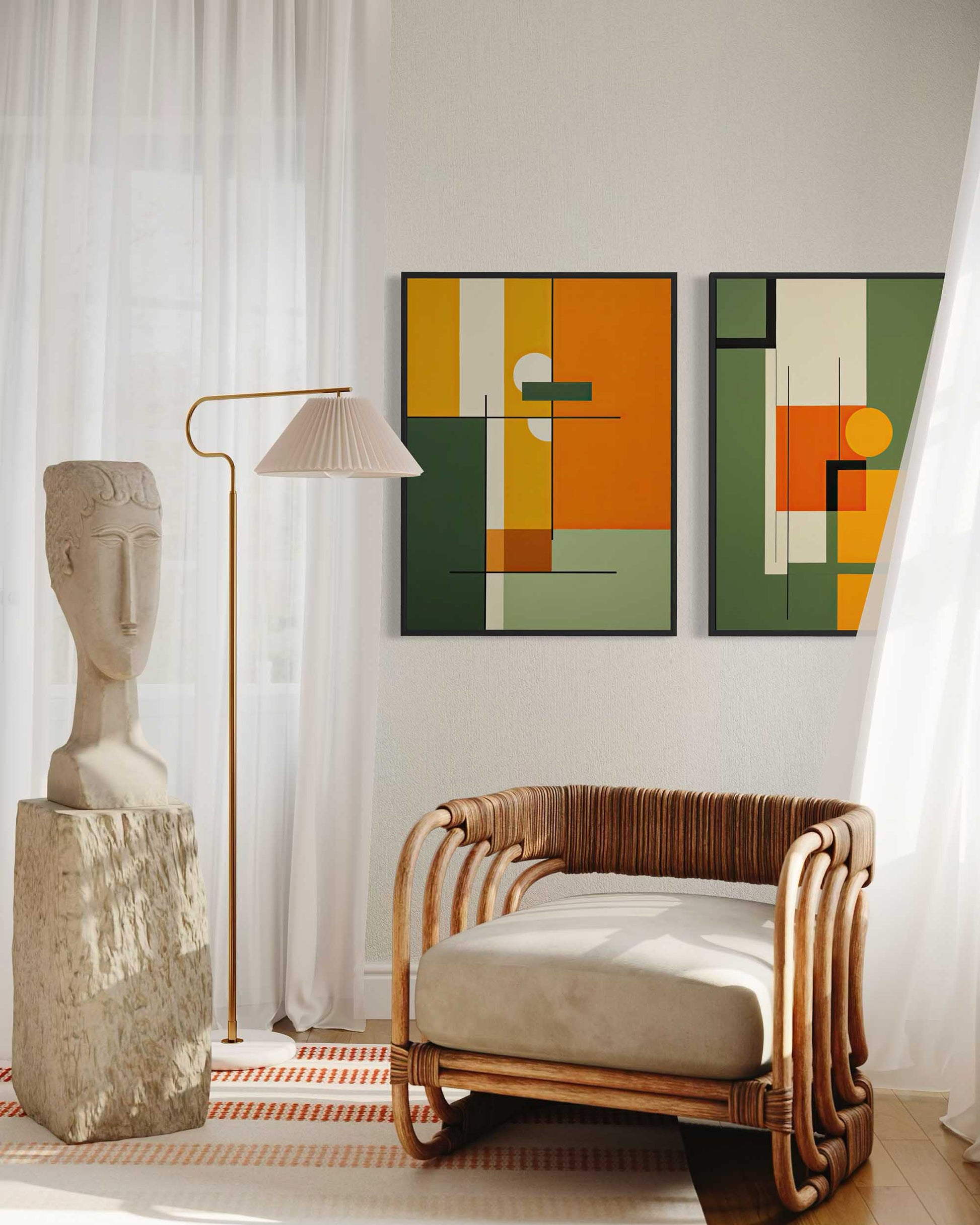 Modern interior with wicker chair, abstract art, and decorative lamp.