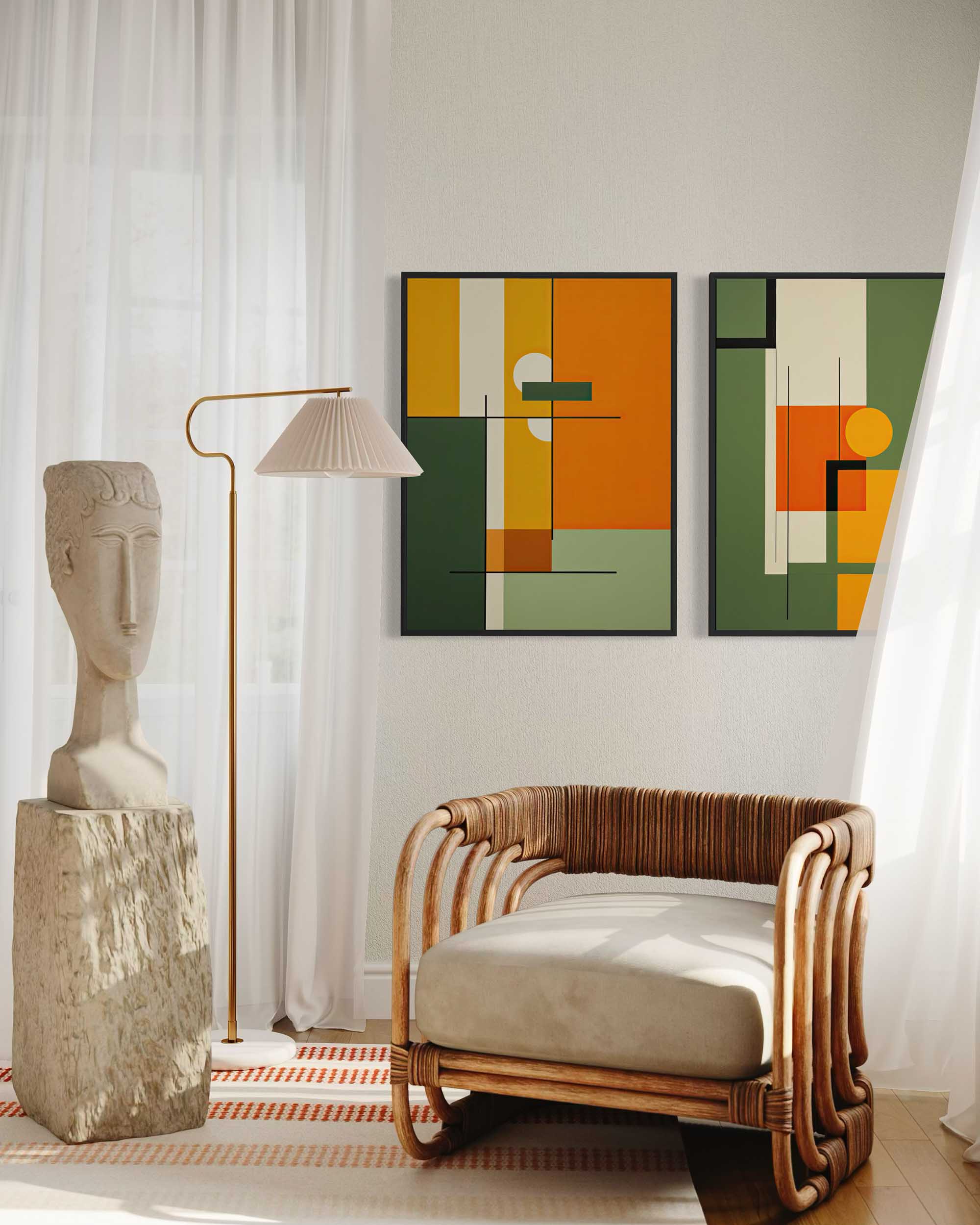 Modern interior with wicker chair, abstract art, and decorative lamp.