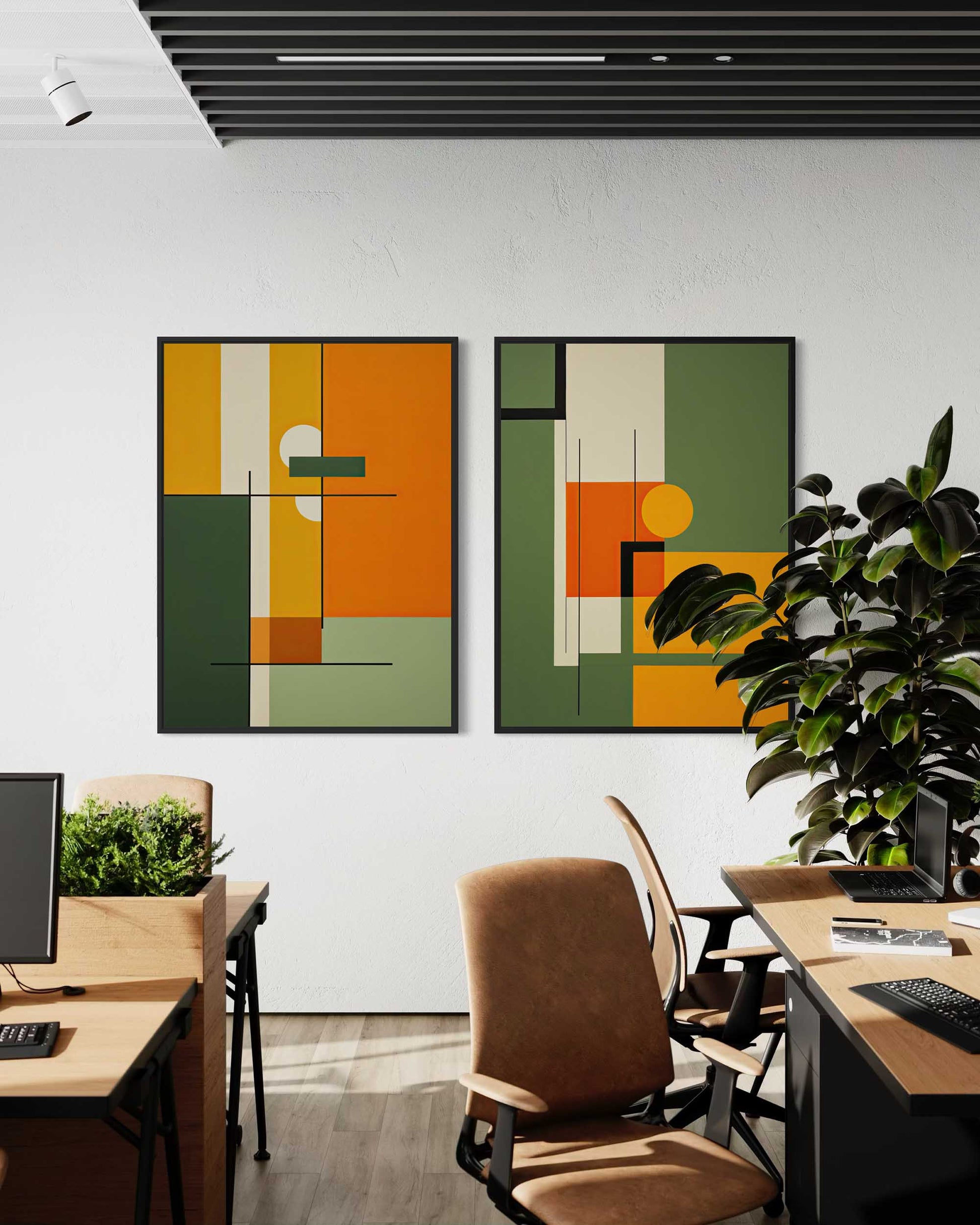 Modern office interior with abstract art on the wall