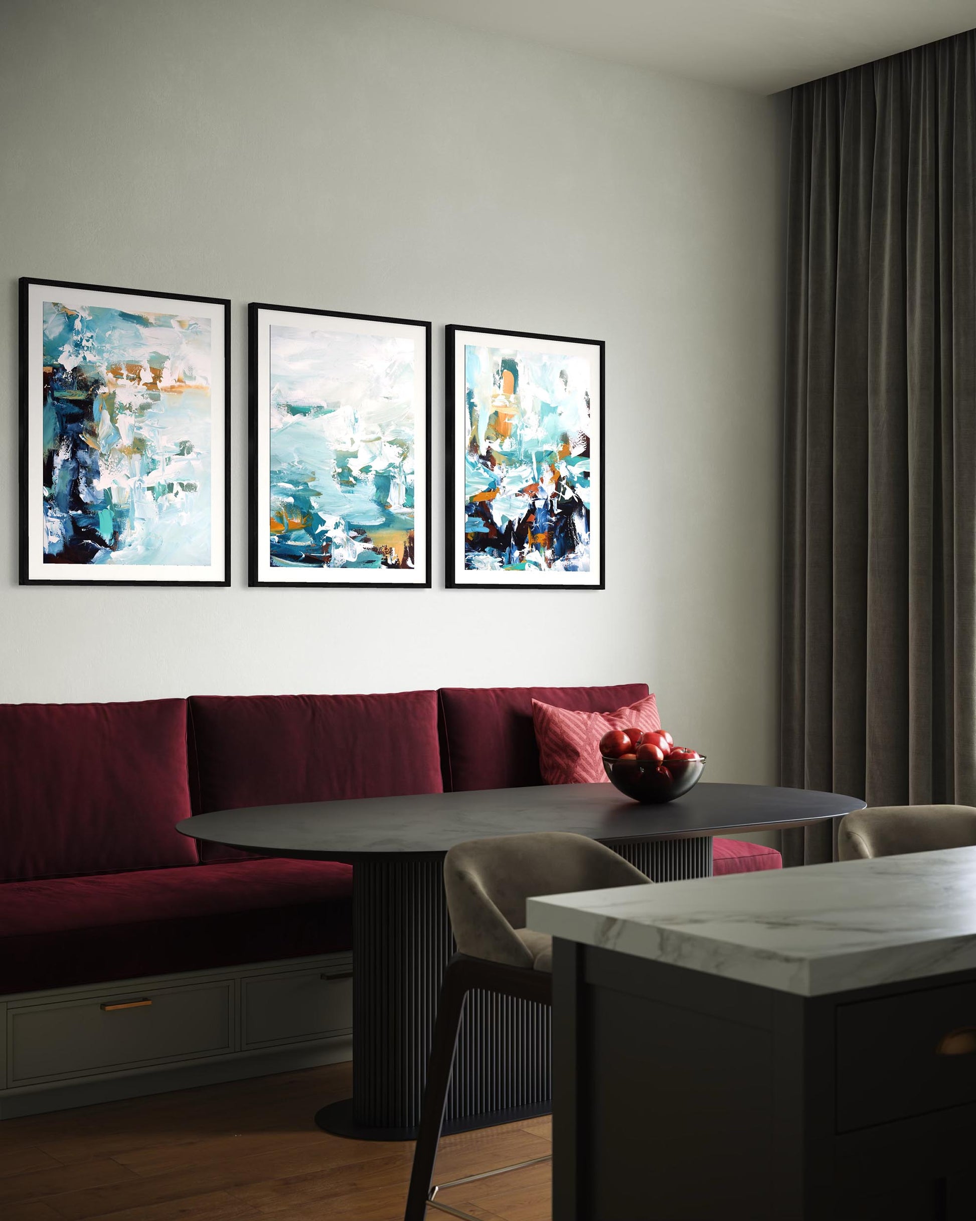 Modern interior with abstract art on the wall, a red sofa, and a marble table.