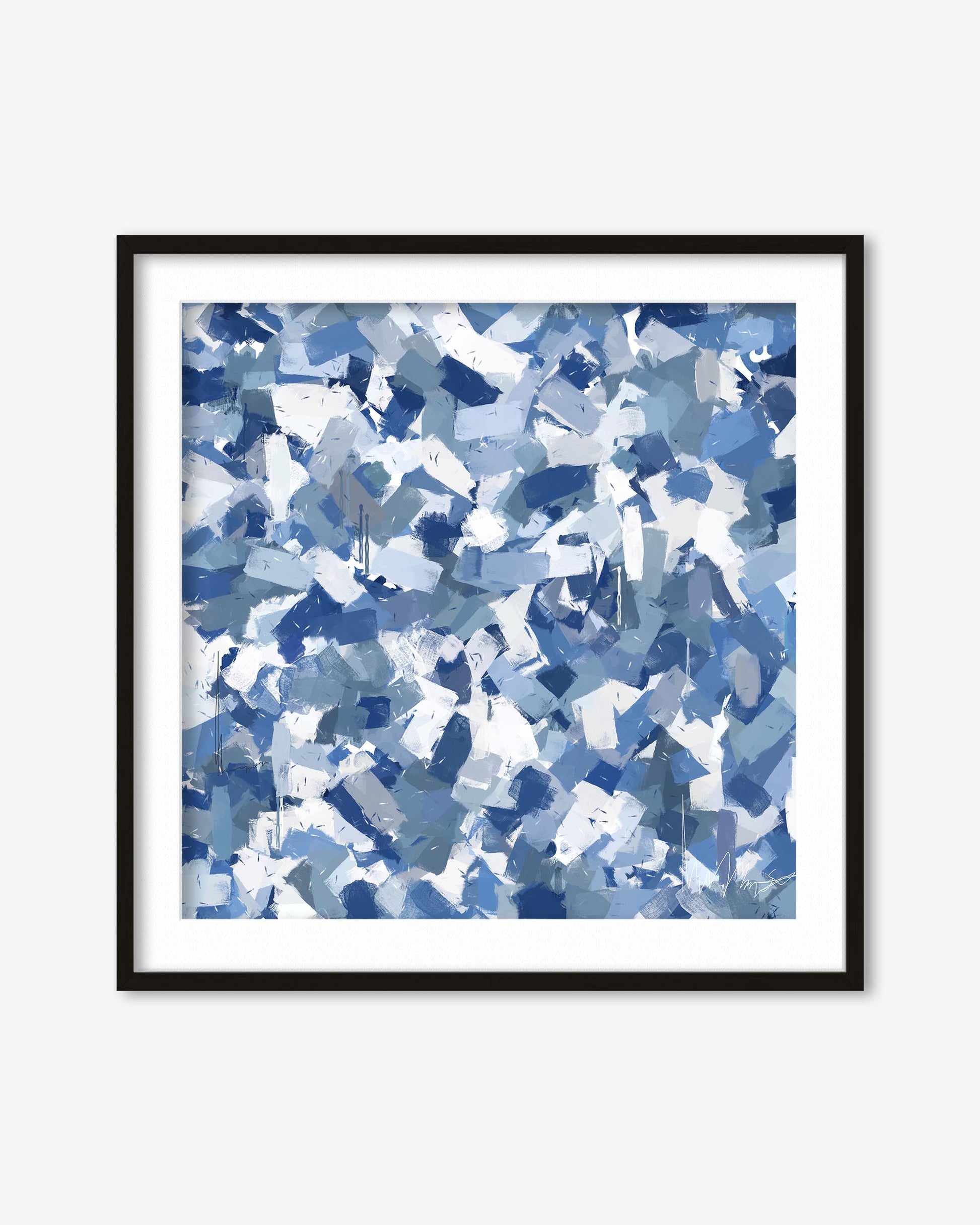Framed artwork with a blue abstract pattern on a white background