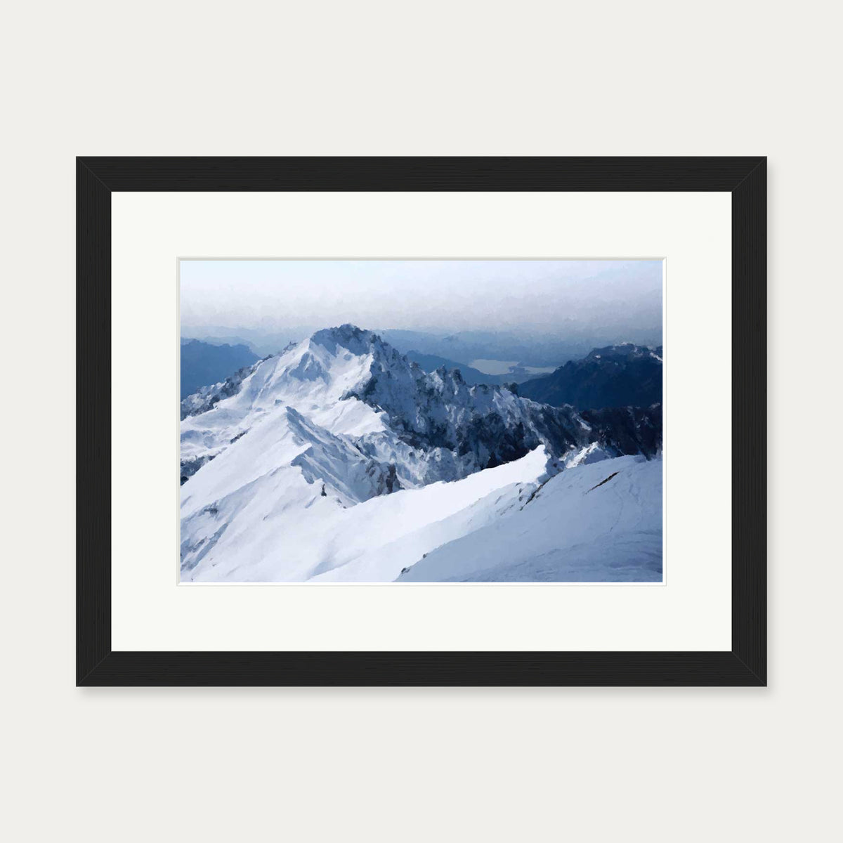 Snowy Mountain Impressionist Art Print — 30 x 40 cm — Black Frame