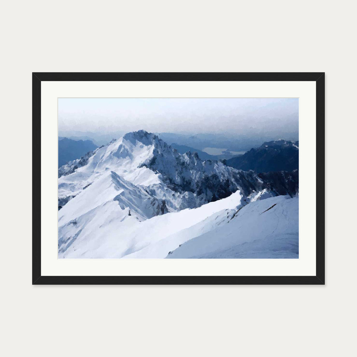 Snowy Mountain Impressionist Art Print — 50 x 70 cm — Black Frame