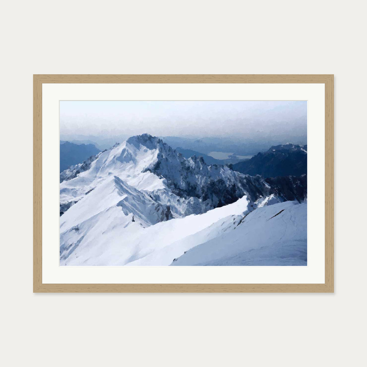 Snowy Mountain Impressionist Art Print — 50 x 70 cm — Oak Frame
