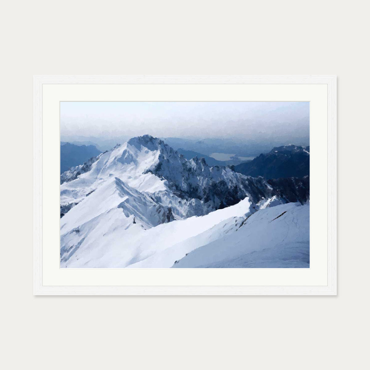 Snowy Mountain Impressionist Art Print — 50 x 70 cm — White Frame