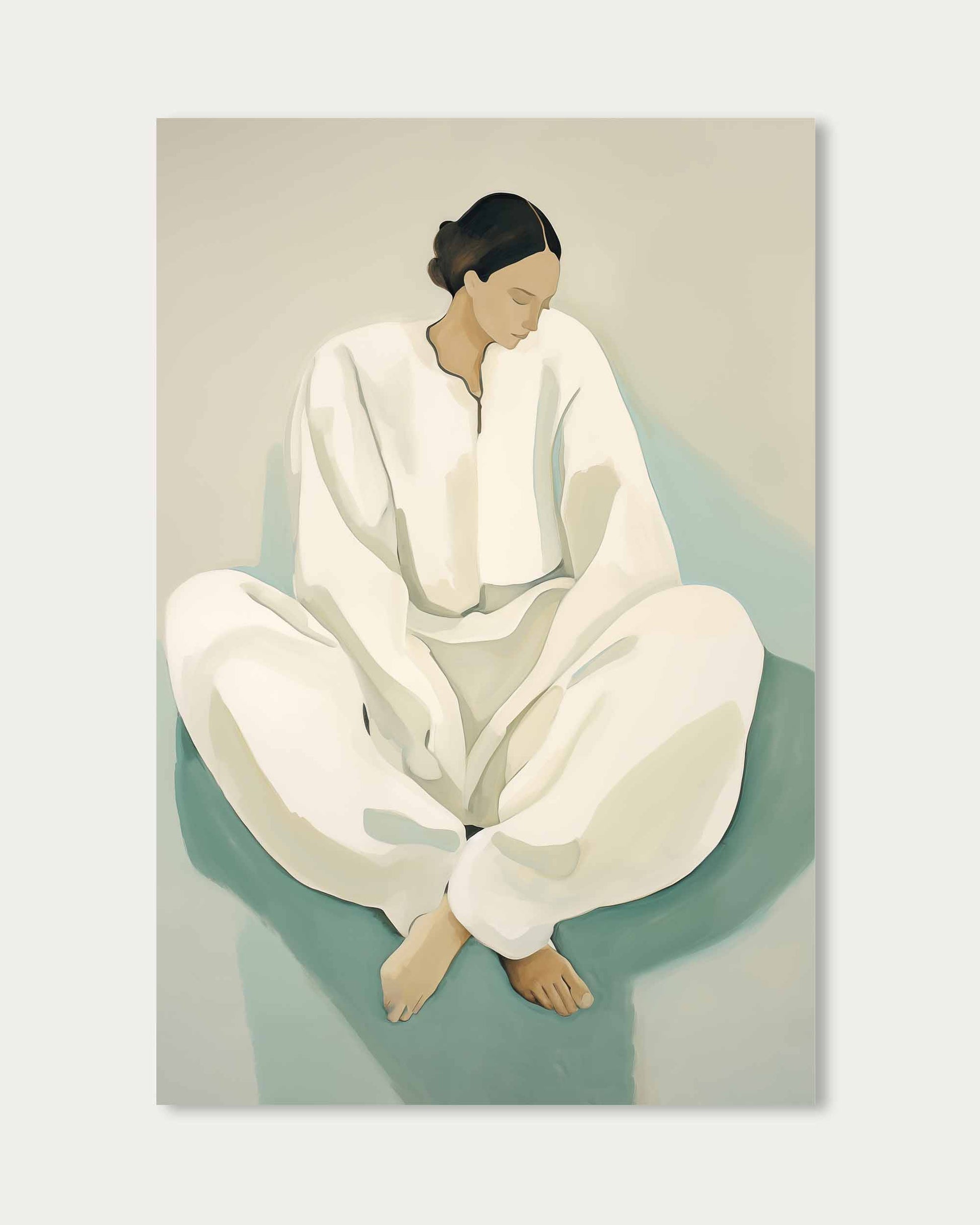 Artistic depiction of a person in a white outfit sitting on a green chair against a light gray background