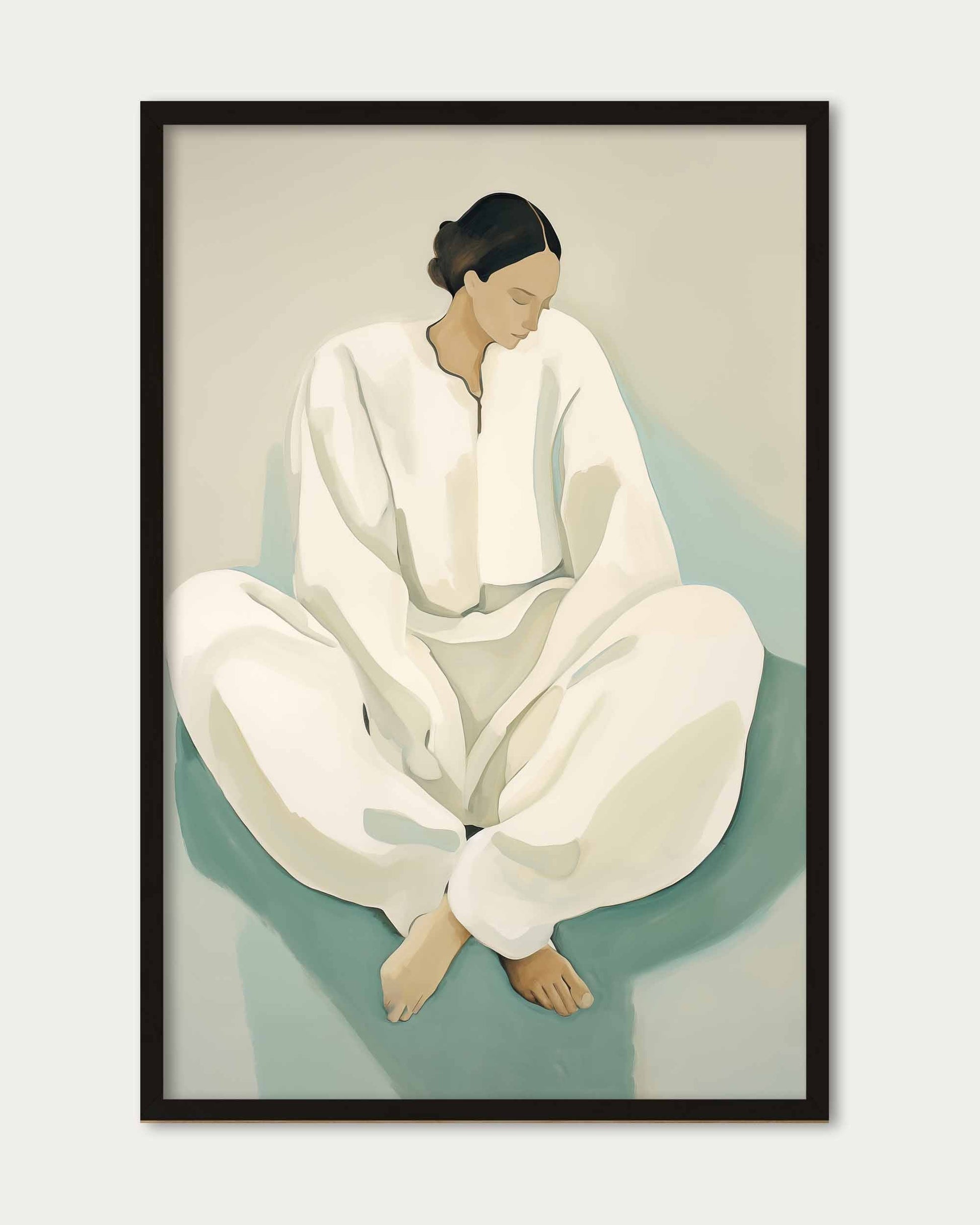 Framed artwork of a person in a white outfit sitting on a green platform against a beige background
