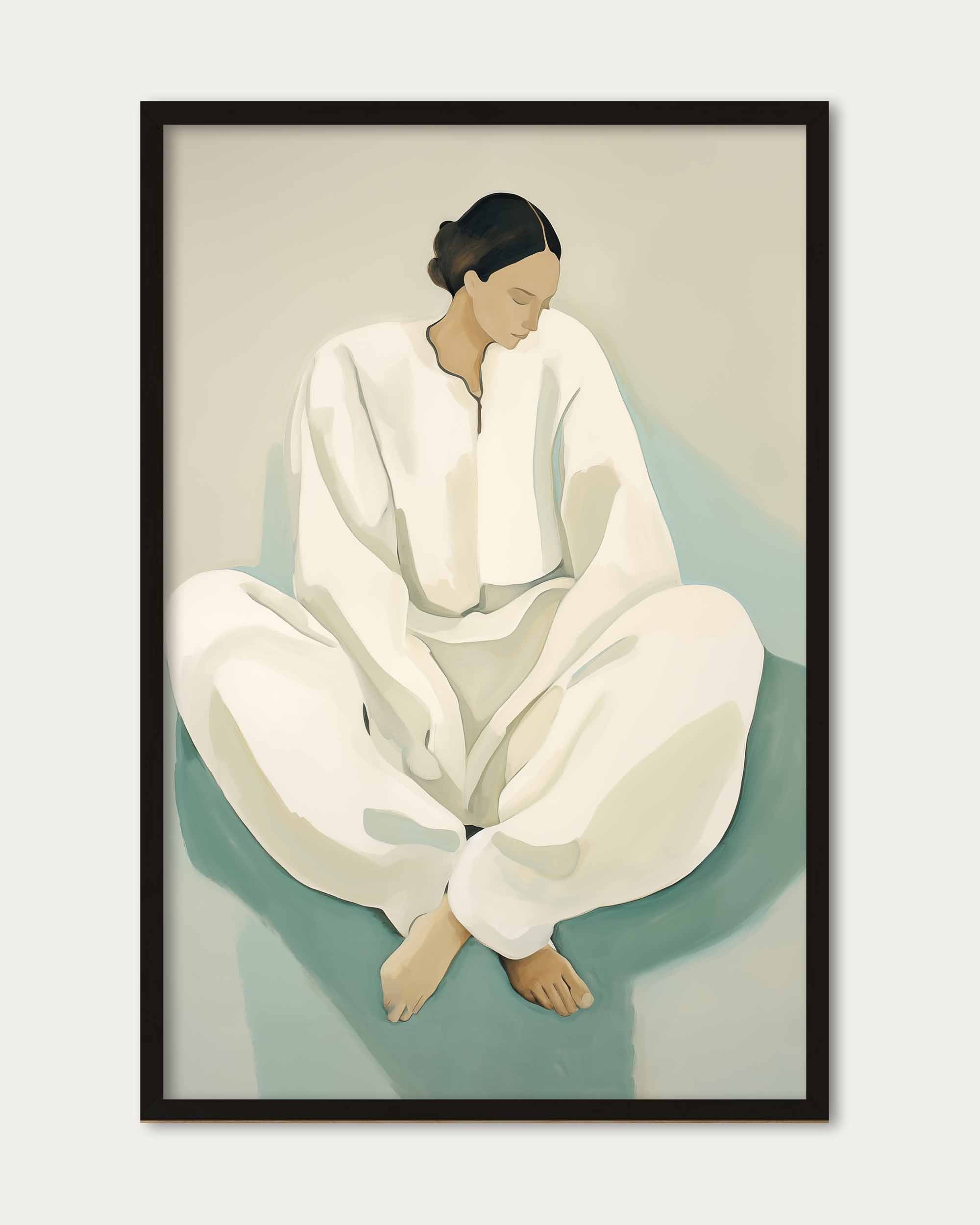 Framed artwork of a person in a white outfit sitting on a green platform against a beige background
