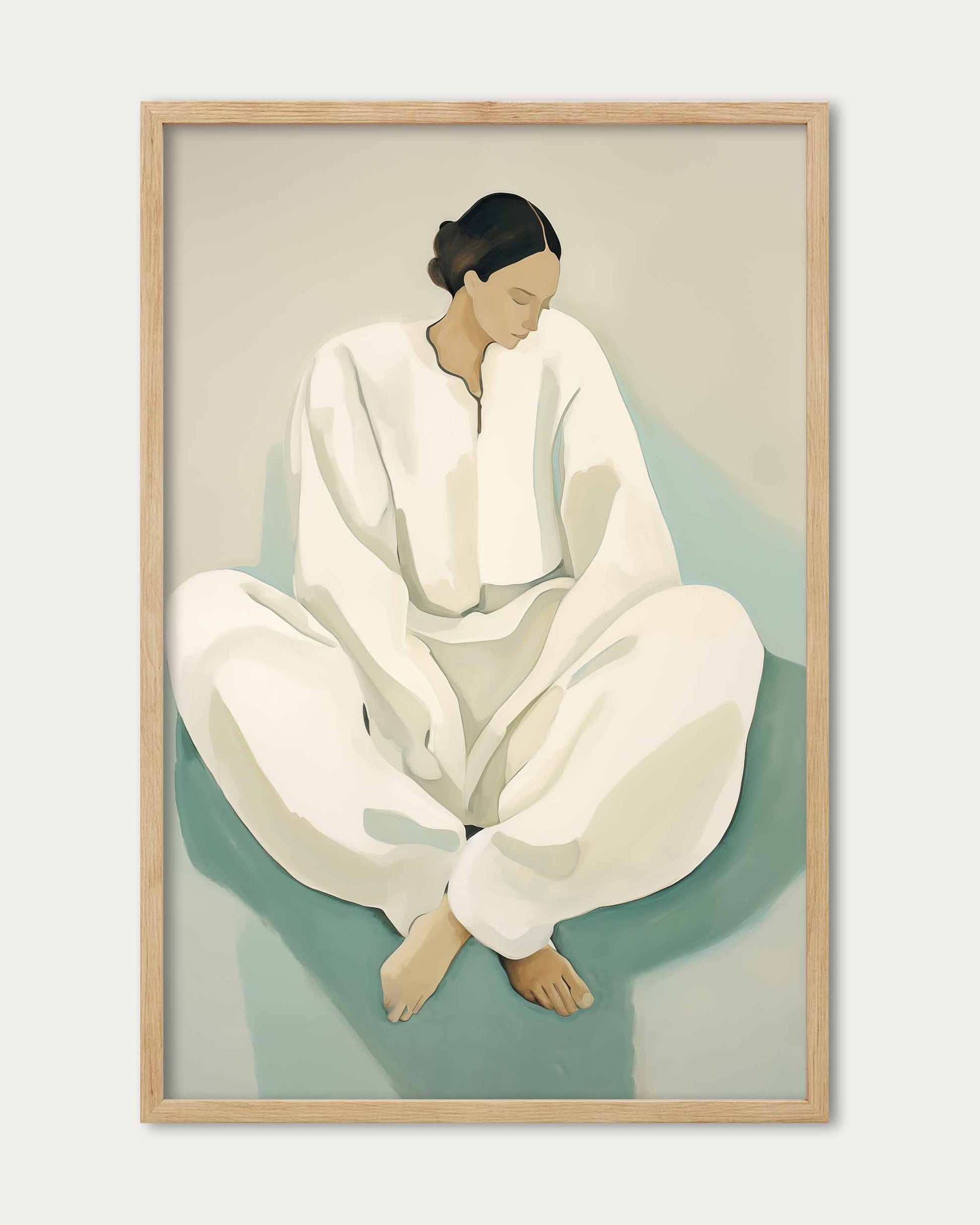 Framed artwork of a person in a white outfit sitting on a green platform against a light gray background