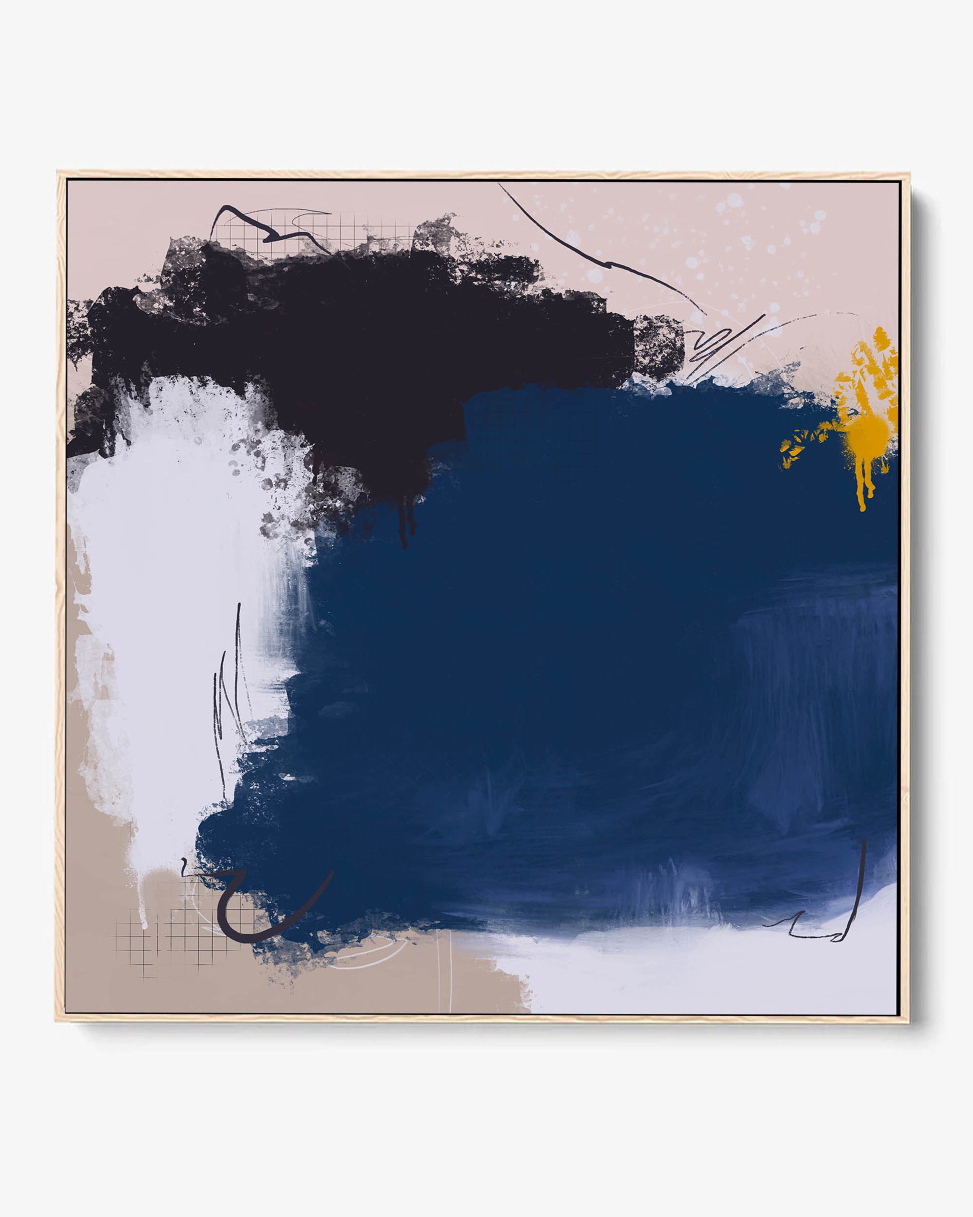 A framed canvas abstract painting with primarily blue tones, with hints of black, white, and a touch of yellow.