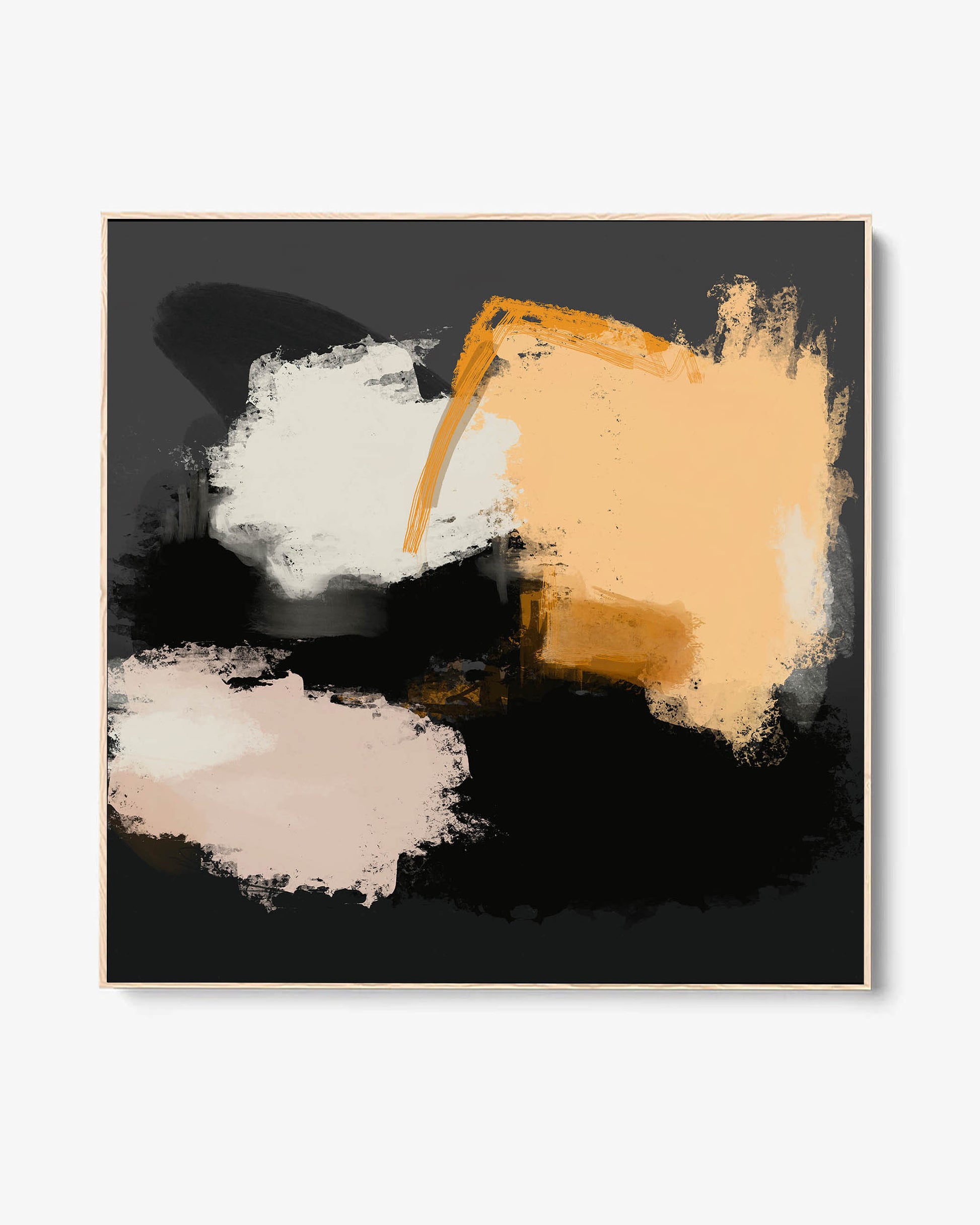 A framed canvas featuring abstract art with bright coral tones on a dark background, with a floating frame.