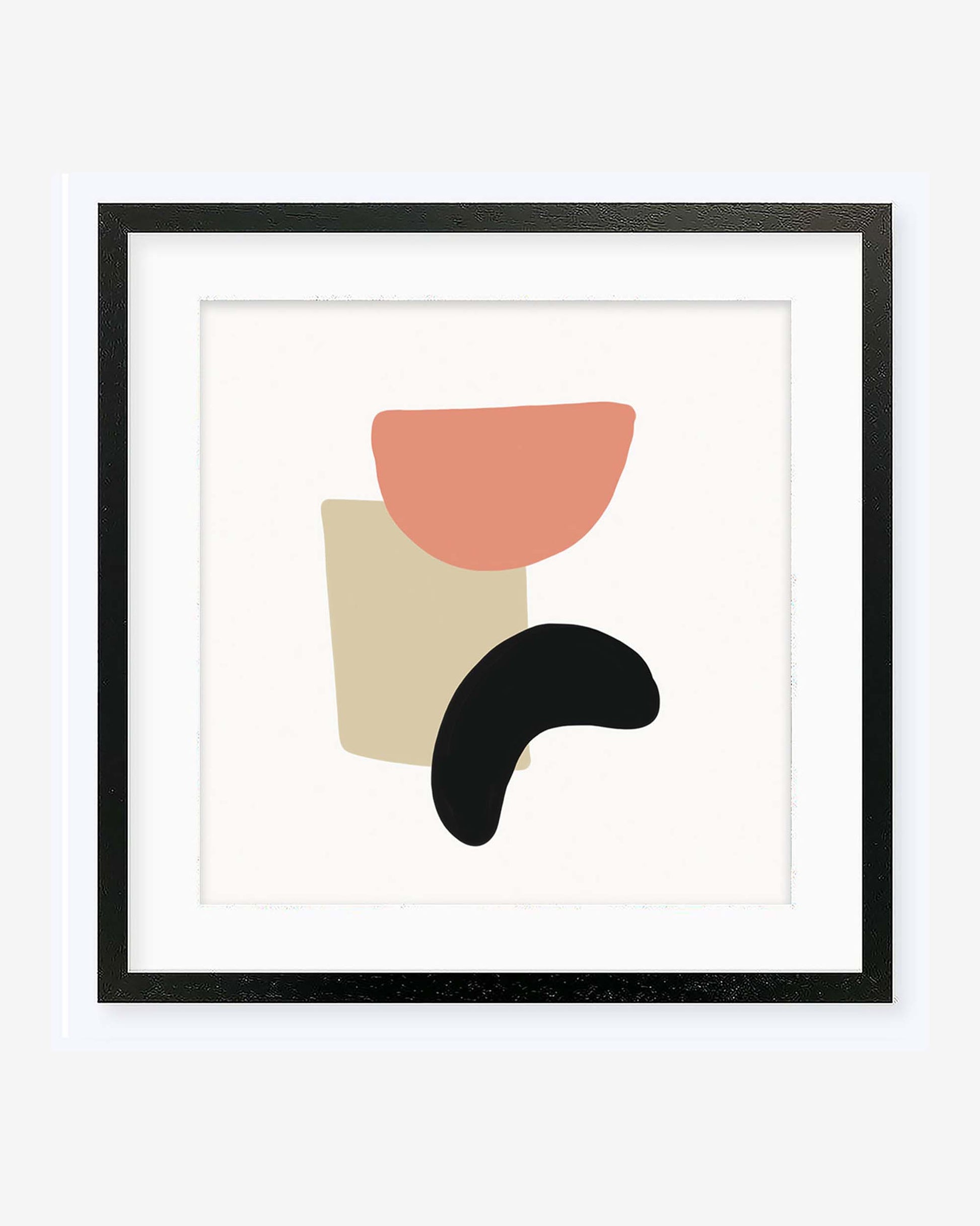 A framed abstract art print with geometric shapes in orange, peach, black, and beige tones against a white mount and beige background.