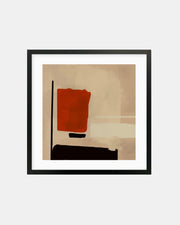 A framed abstract artwork featuring geometric shapes with earthy tones, predominantly brown and taupe, with a bold red element.