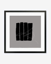 A framed art piece featuring neutral grey background with black abstract stripes and overlaid white hand-illustrated line art.